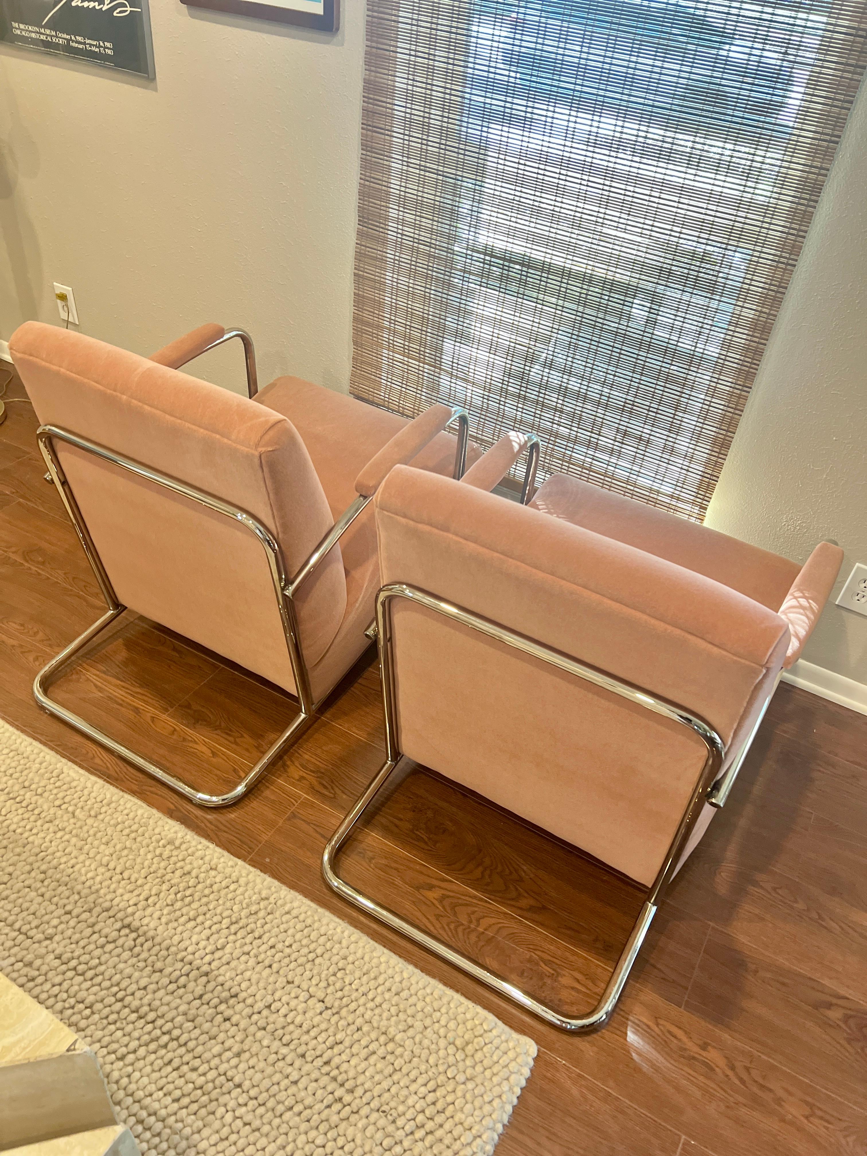 Pair of Vintage Bauhaus Louis Sognot Chrome Lounge Chairs in Pink Mohair 8