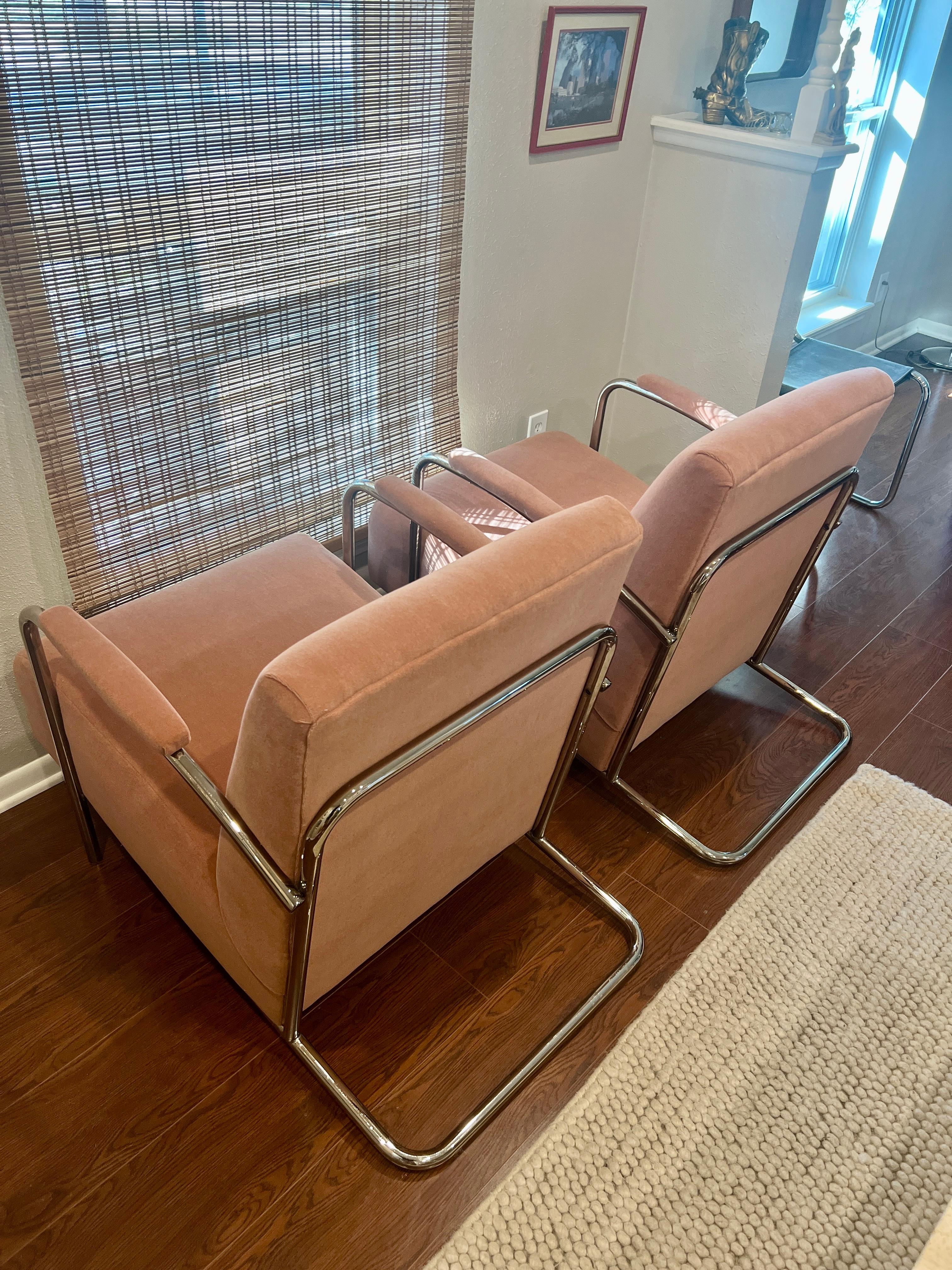 Pair of Vintage Bauhaus Louis Sognot Chrome Lounge Chairs in Pink Mohair 9