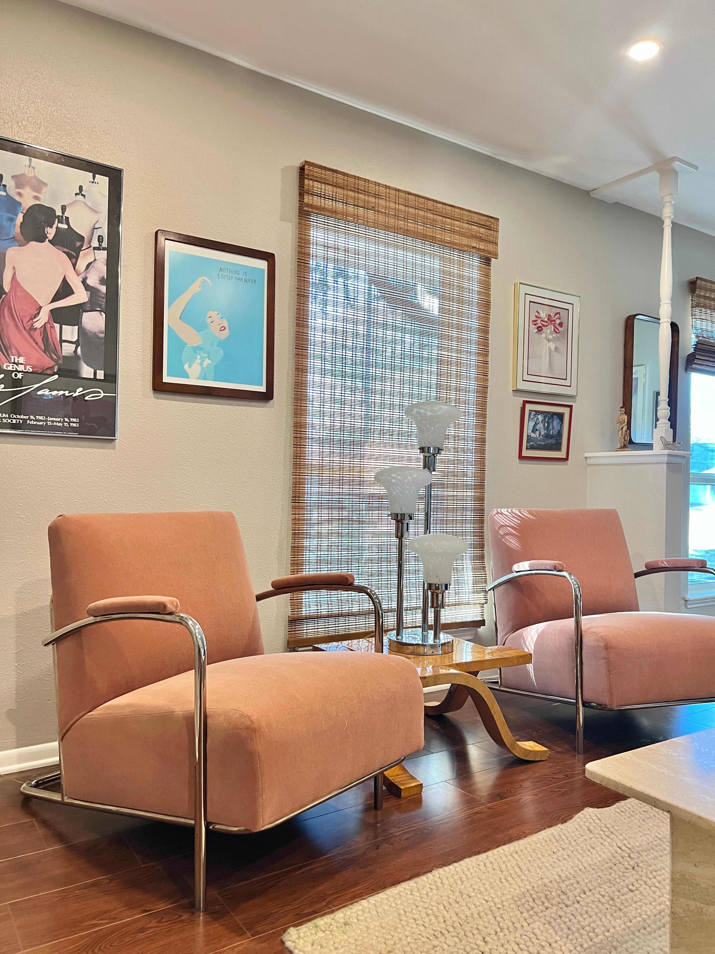 Pair of Vintage Bauhaus Louis Sognot Chrome Lounge Chairs in Pink Mohair 13