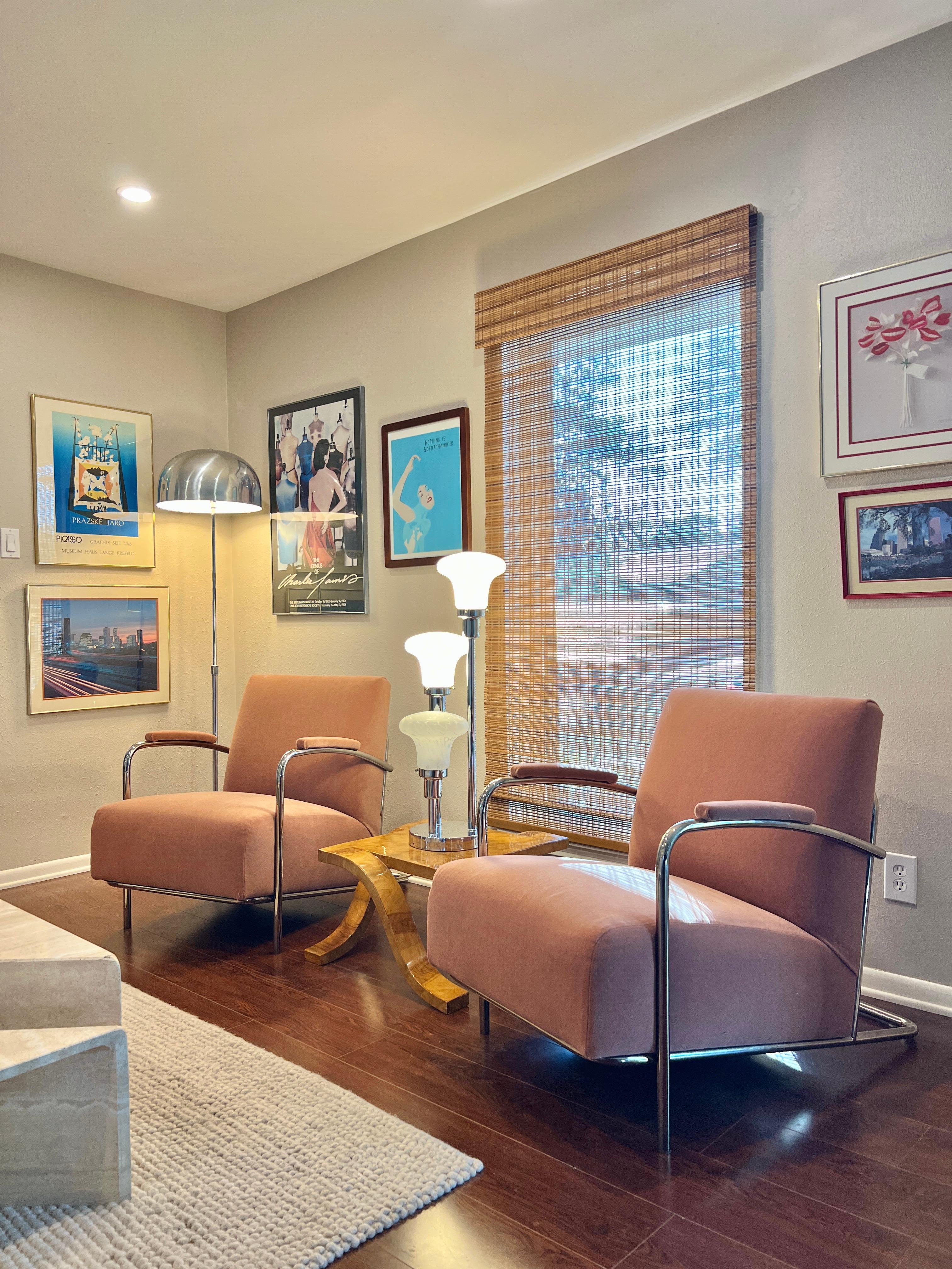 Pair of Vintage Bauhaus Louis Sognot Chrome Lounge Chairs in Pink Mohair 15