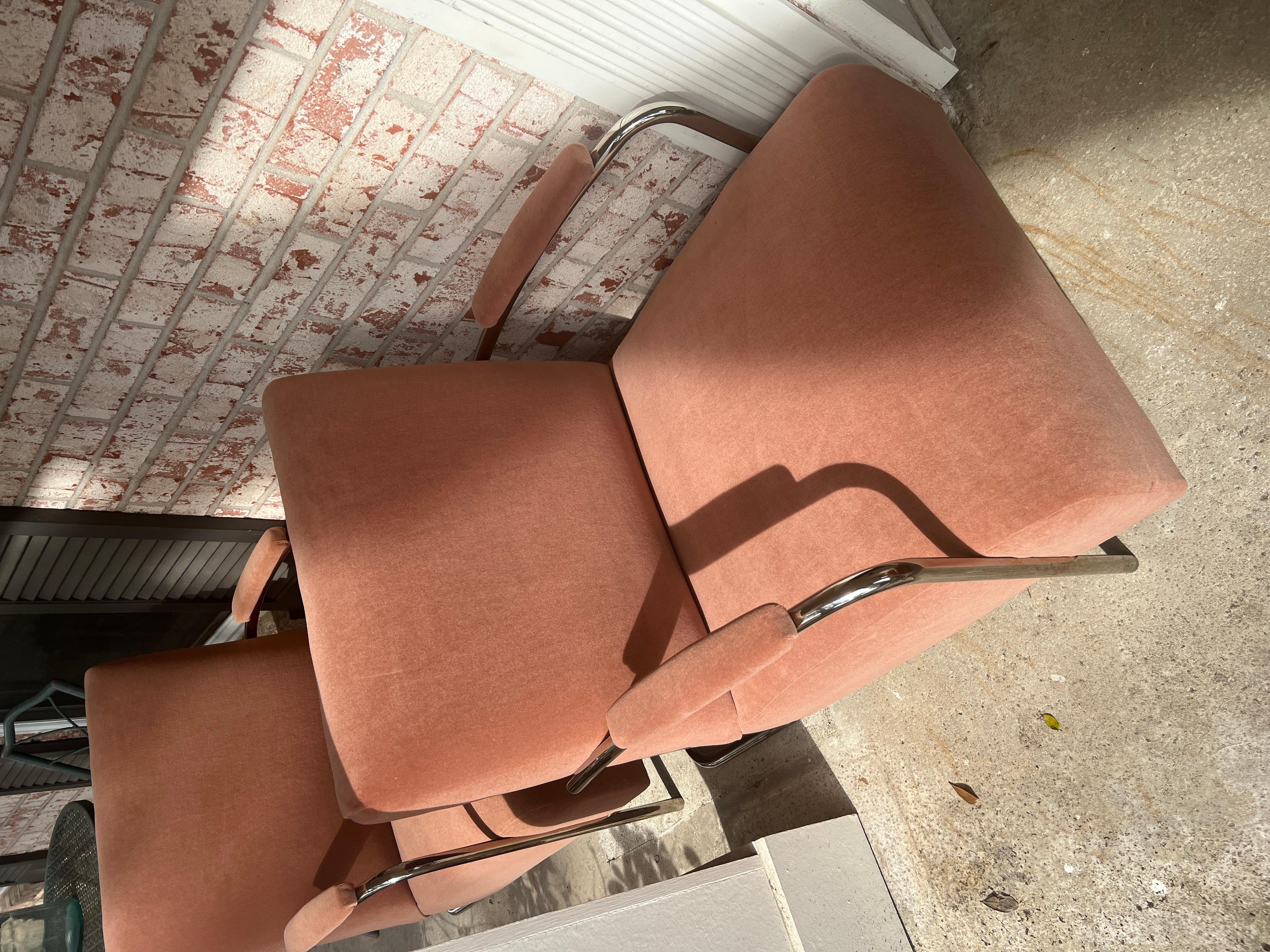 Pair of Vintage Bauhaus Louis Sognot Chrome Lounge Chairs in Pink Mohair In Good Condition In Houston, TX