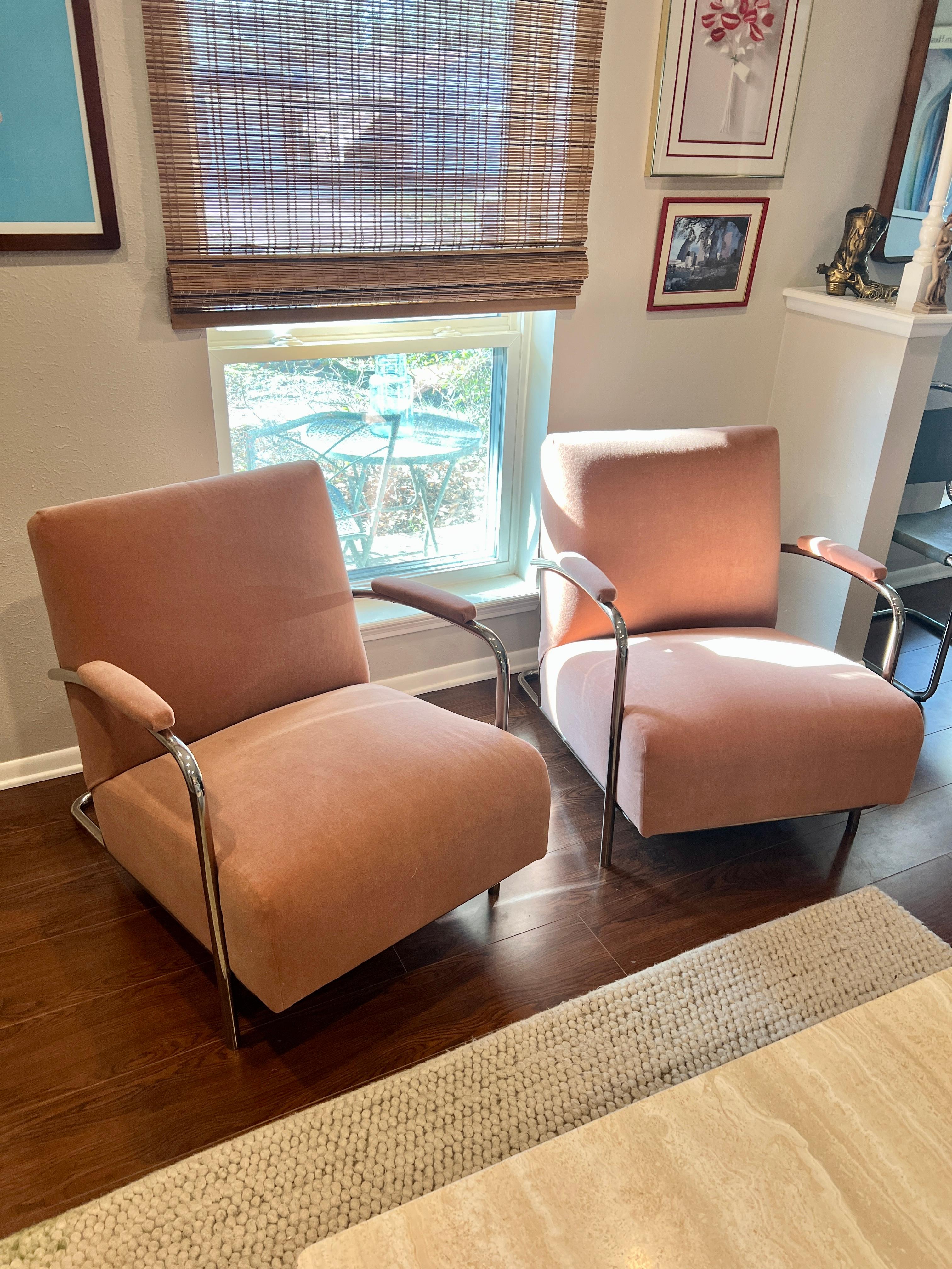 Pair of Vintage Bauhaus Louis Sognot Chrome Lounge Chairs in Pink Mohair 1