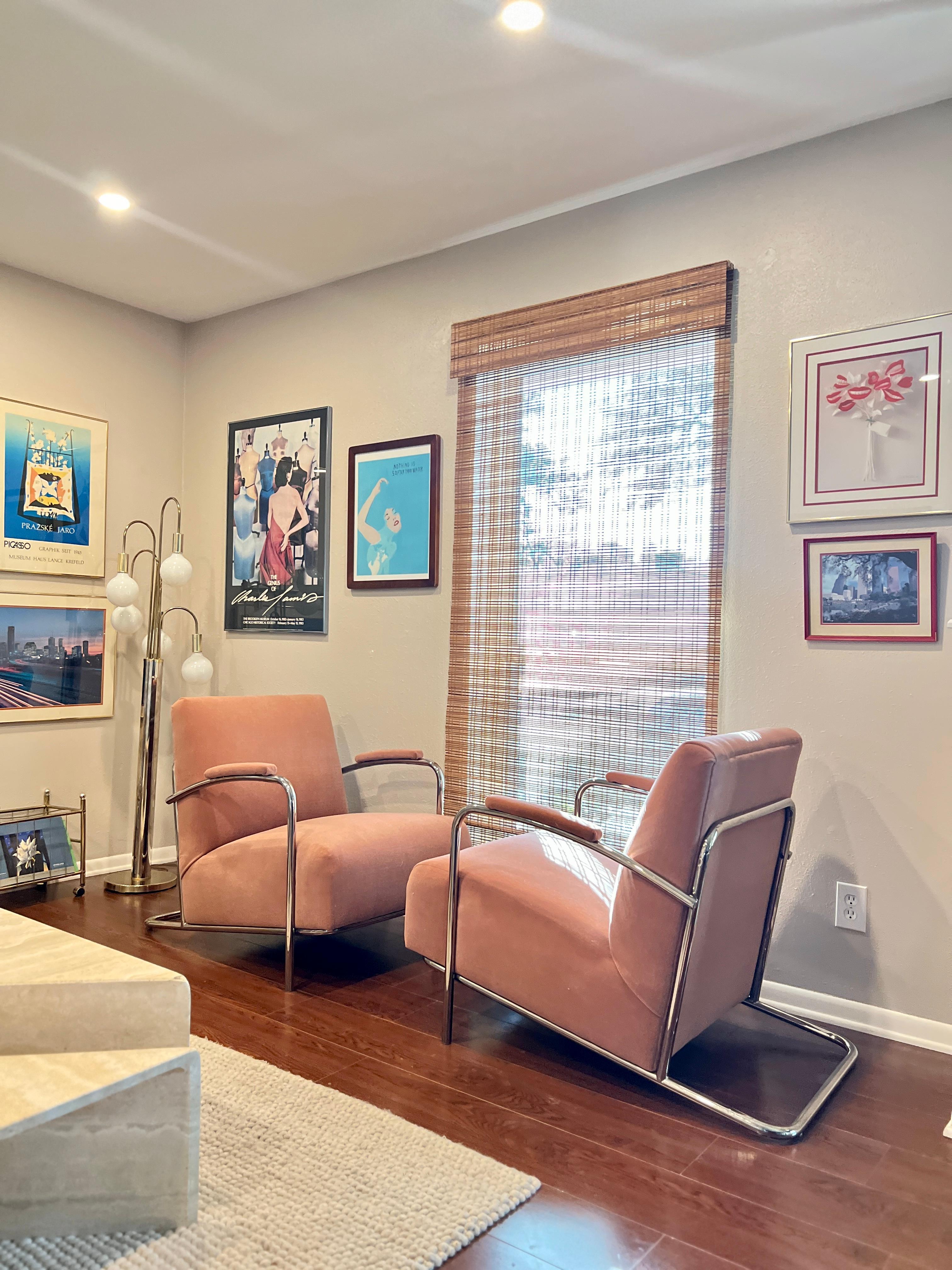 Pair of Vintage Bauhaus Louis Sognot Chrome Lounge Chairs in Pink Mohair 4