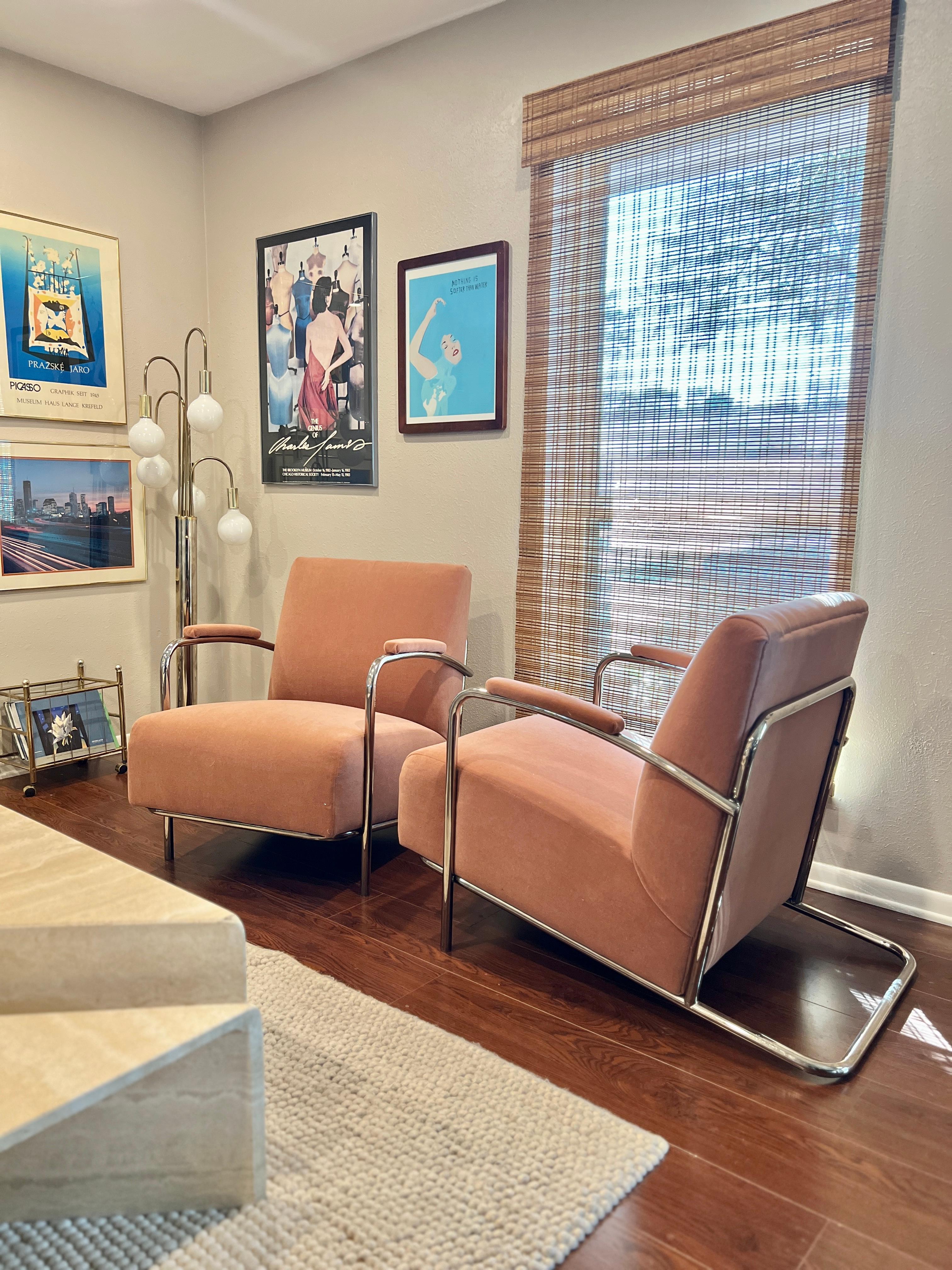 Pair of Vintage Bauhaus Louis Sognot Chrome Lounge Chairs in Pink Mohair 5