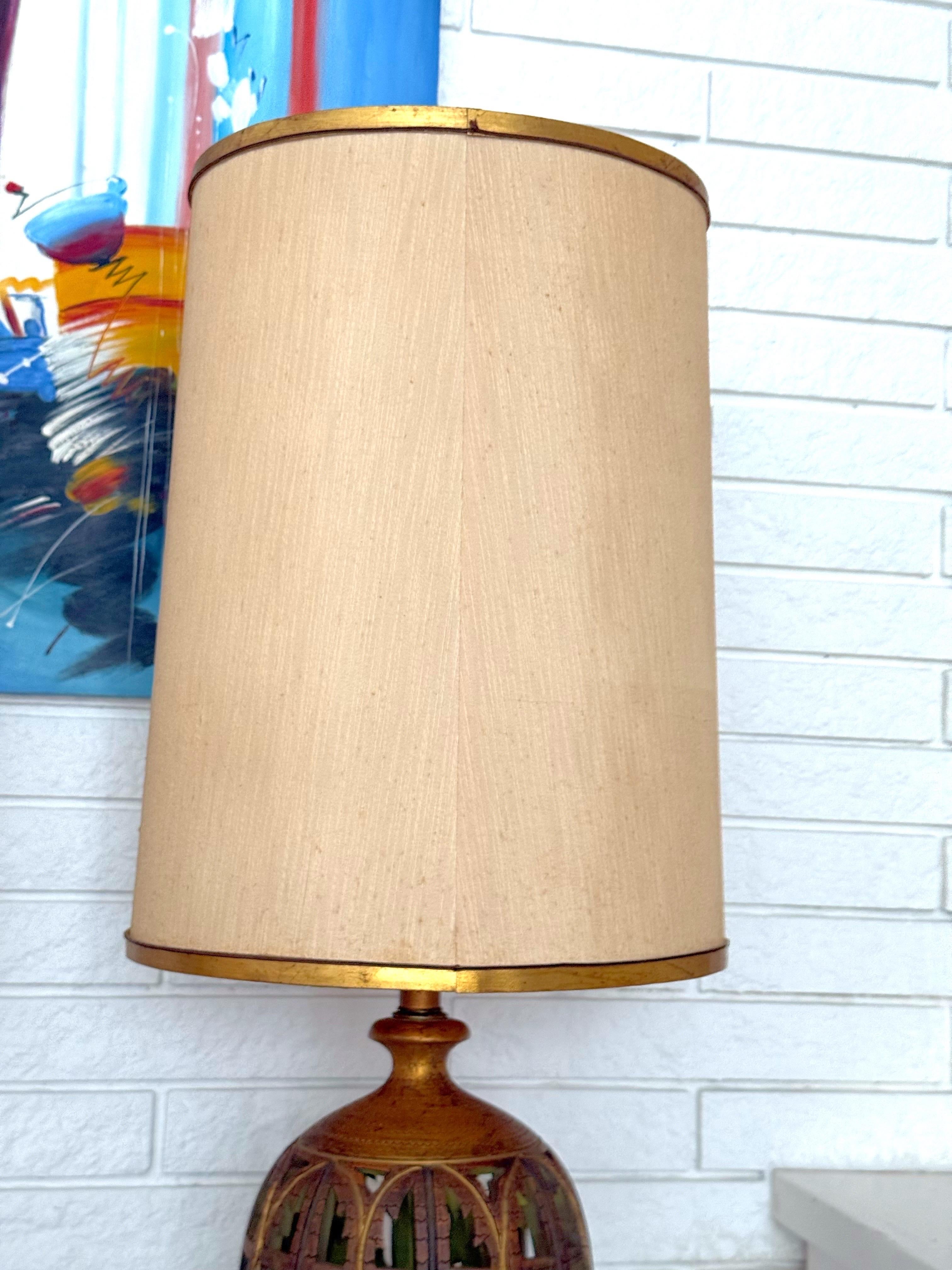 A pair of Vintage Boho Reticulated Palm Frond Ceramic Table Lamps 6