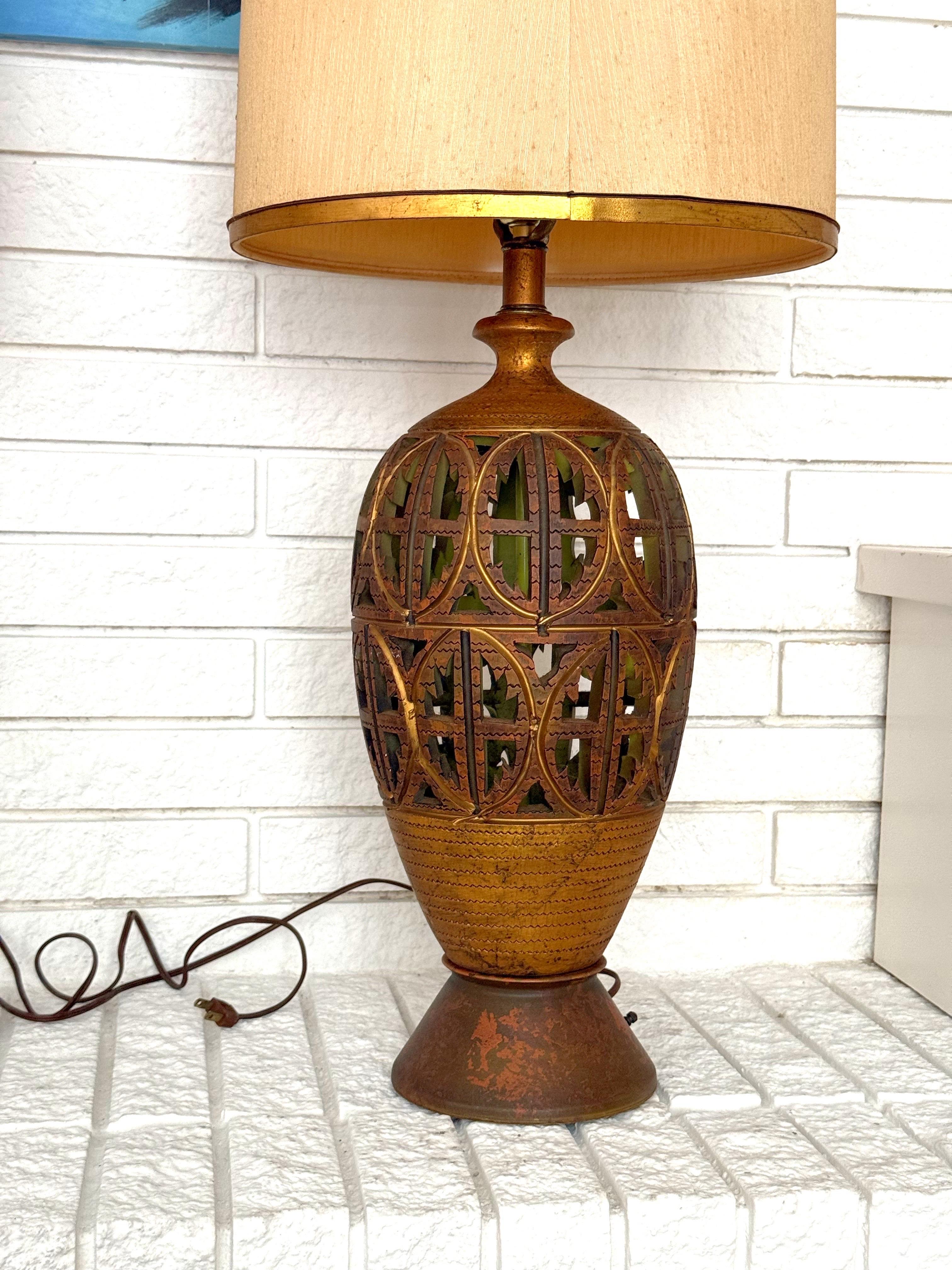Late 20th Century A pair of Vintage Boho Reticulated Palm Frond Ceramic Table Lamps