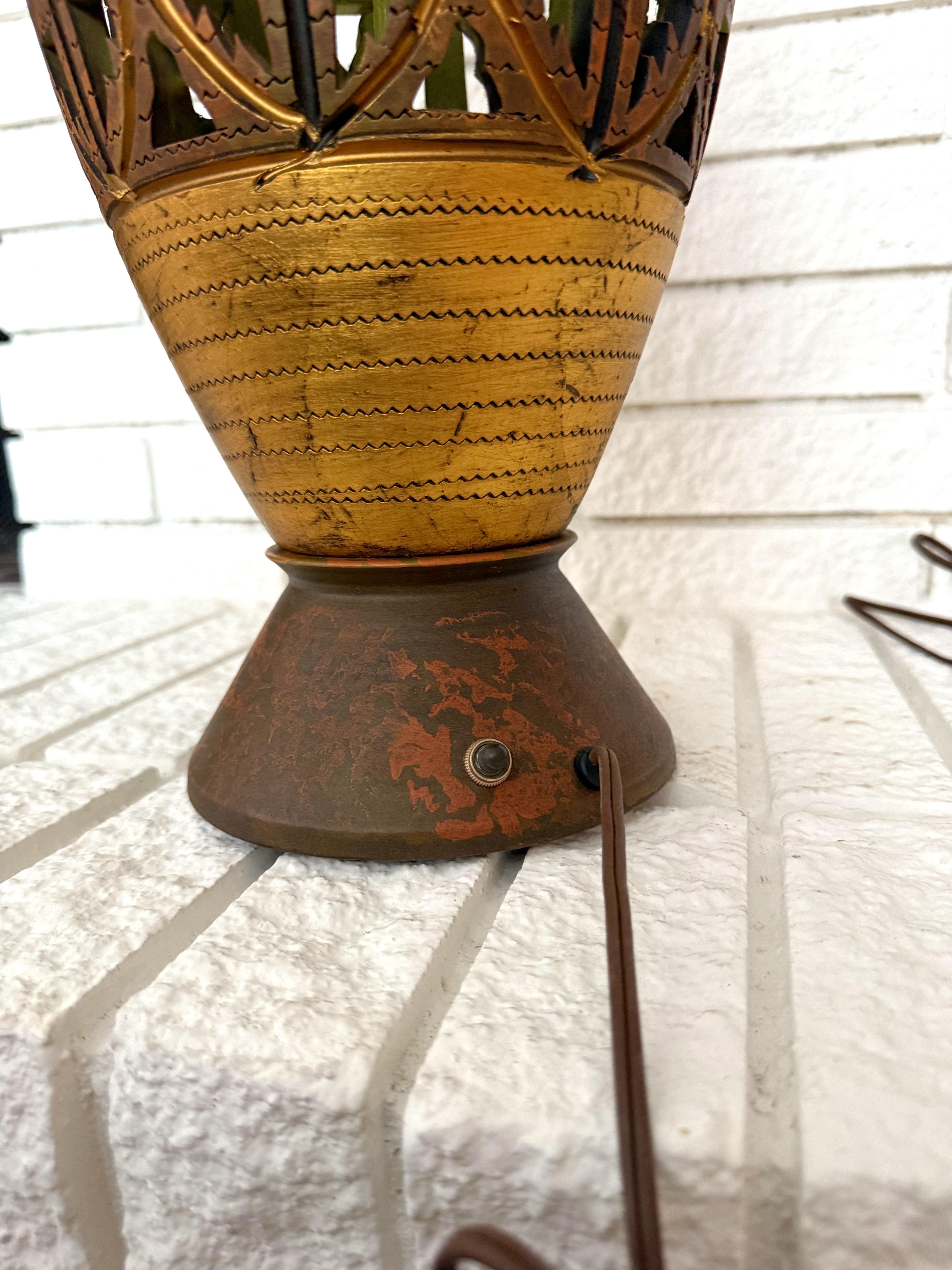 Metal A pair of Vintage Boho Reticulated Palm Frond Ceramic Table Lamps