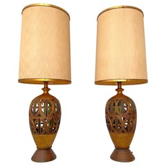 A pair of Vintage Boho Reticulated Palm Frond Ceramic Table Lamps