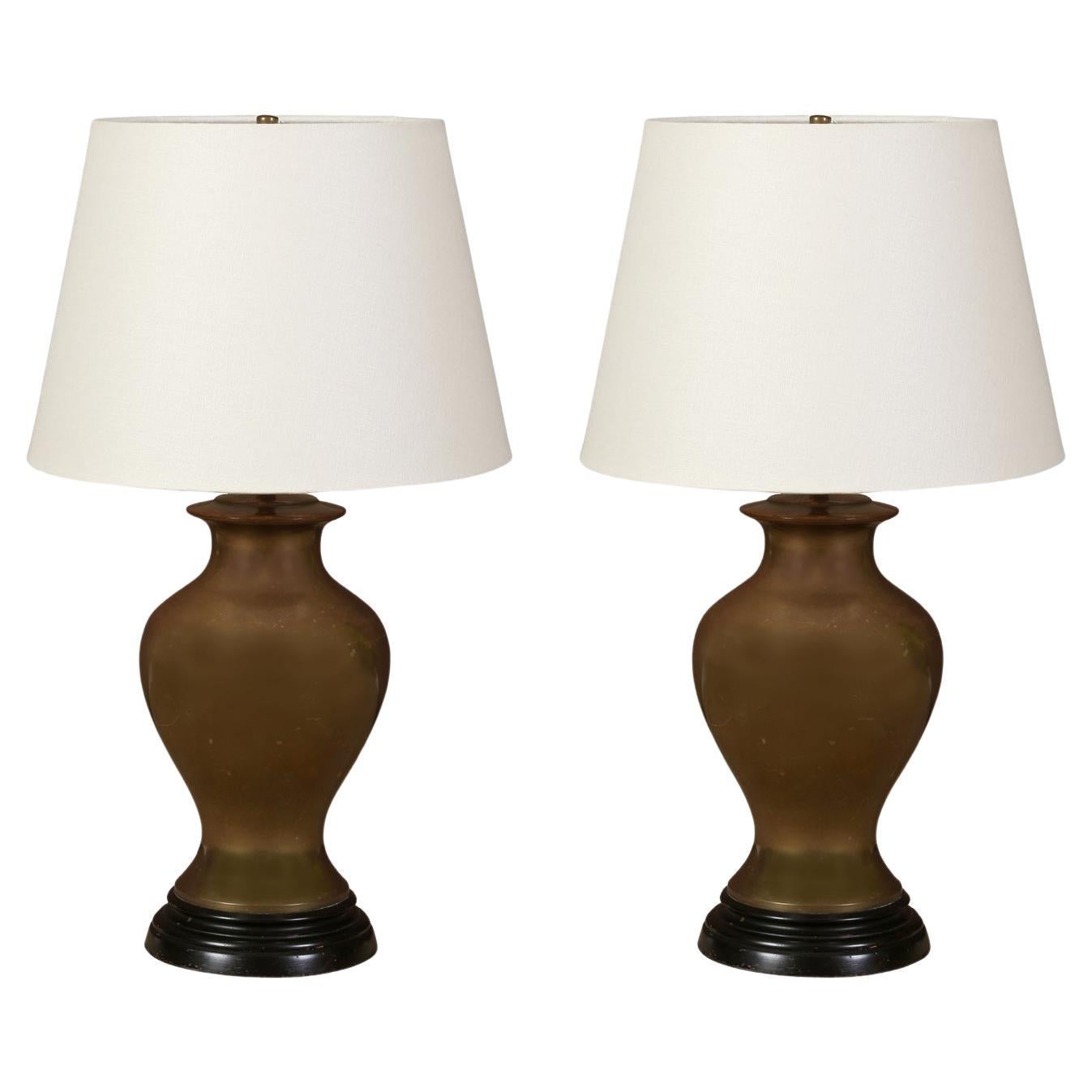 A Pair of Vintage Brass Lamps with Shades For Sale