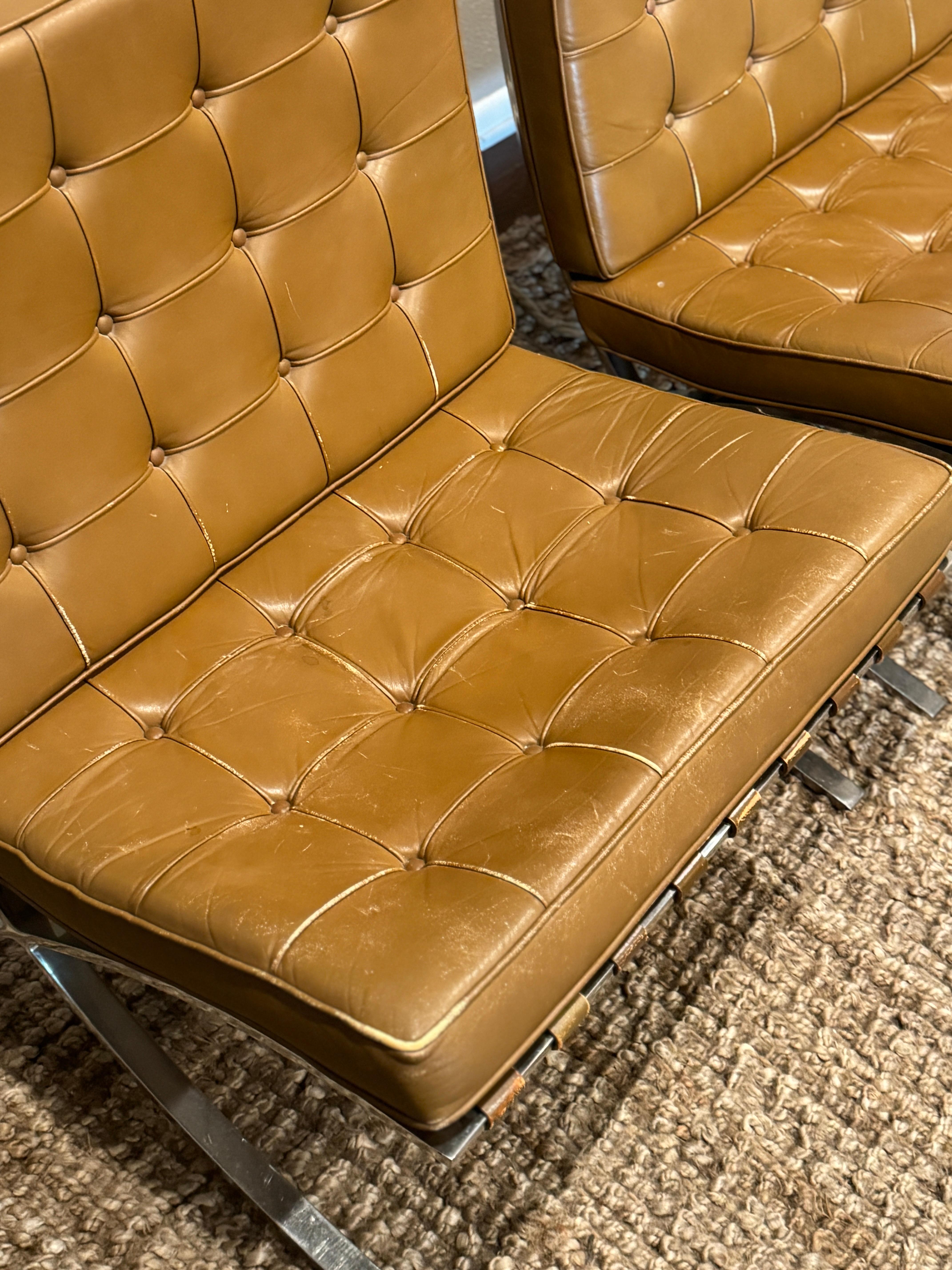 A pair of vintage caramel tan Barcelona chairs by Knoll, circa 1970s For Sale 5