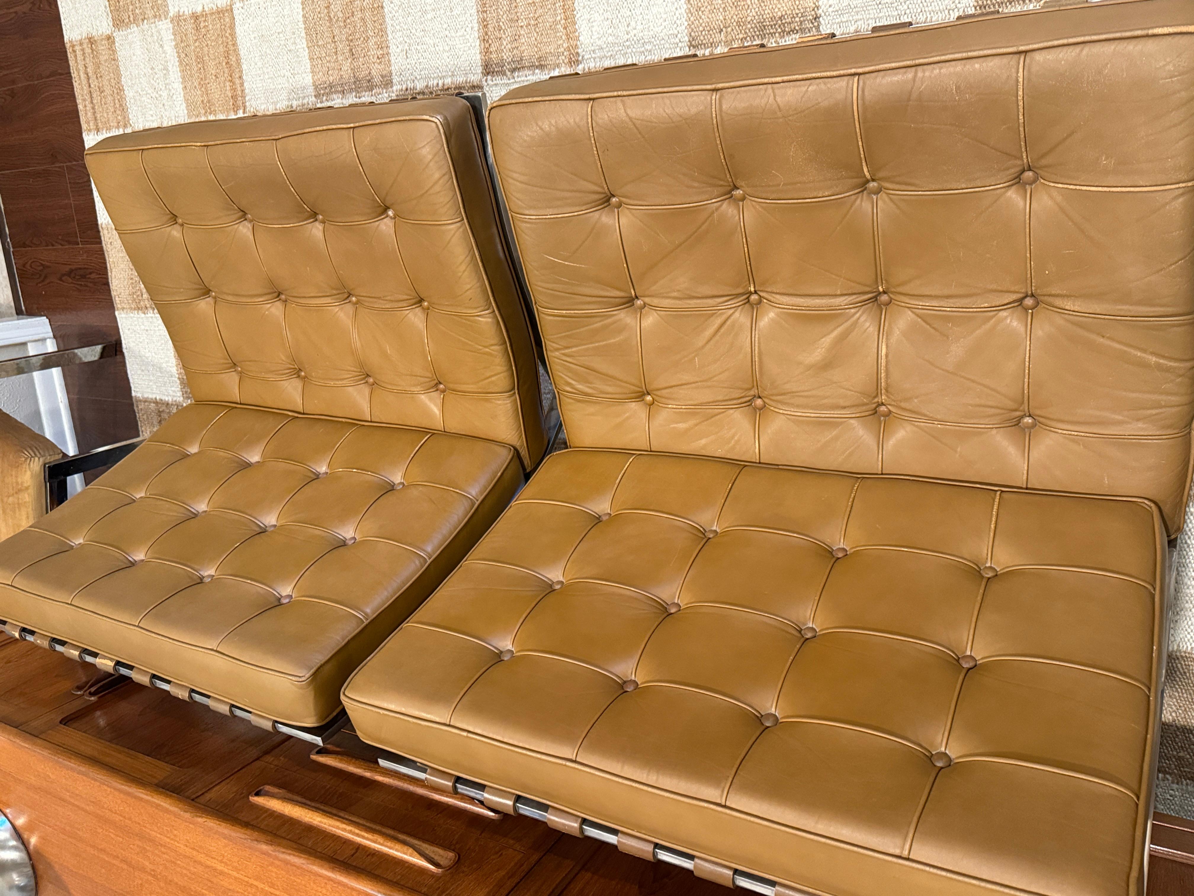 A pair of vintage caramel tan Barcelona chairs by Knoll, circa 1970s 9
