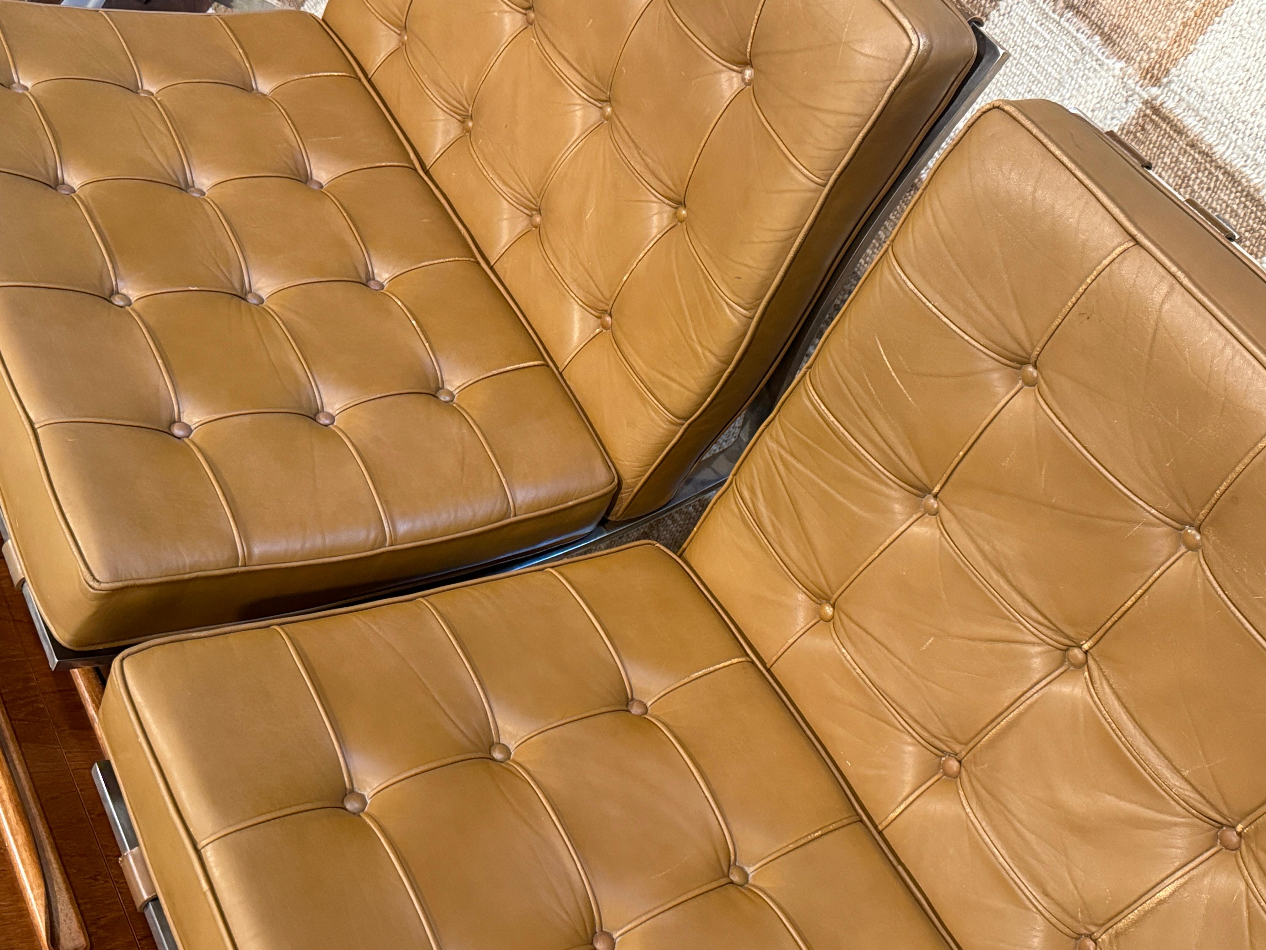 A pair of vintage caramel tan Barcelona chairs by Knoll, circa 1970s 10