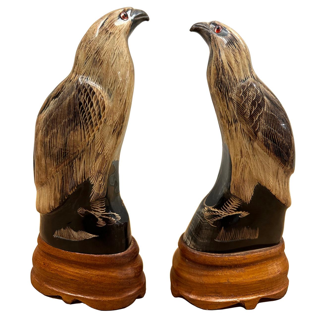 Chinese Export A Pair of Vintage Chinese Buffalo Horn Carved Eagle Sculptures For Sale