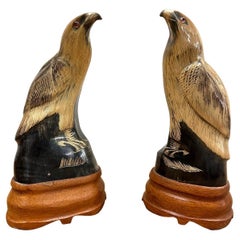 A Pair of Vintage Chinese Buffalo Horn Carved Eagle Sculptures