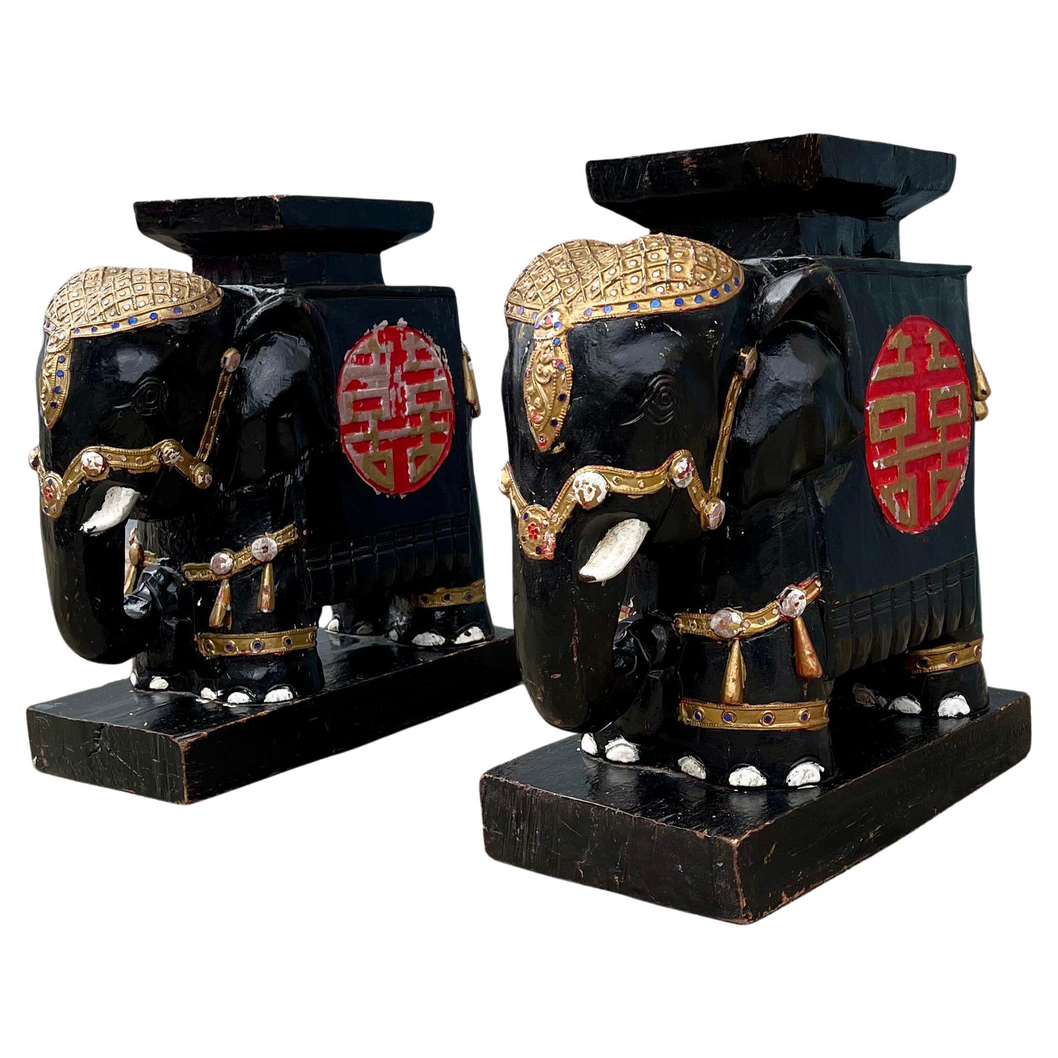 A Pair of Vintage Chinese Elephant Side Tables in Painted Wood