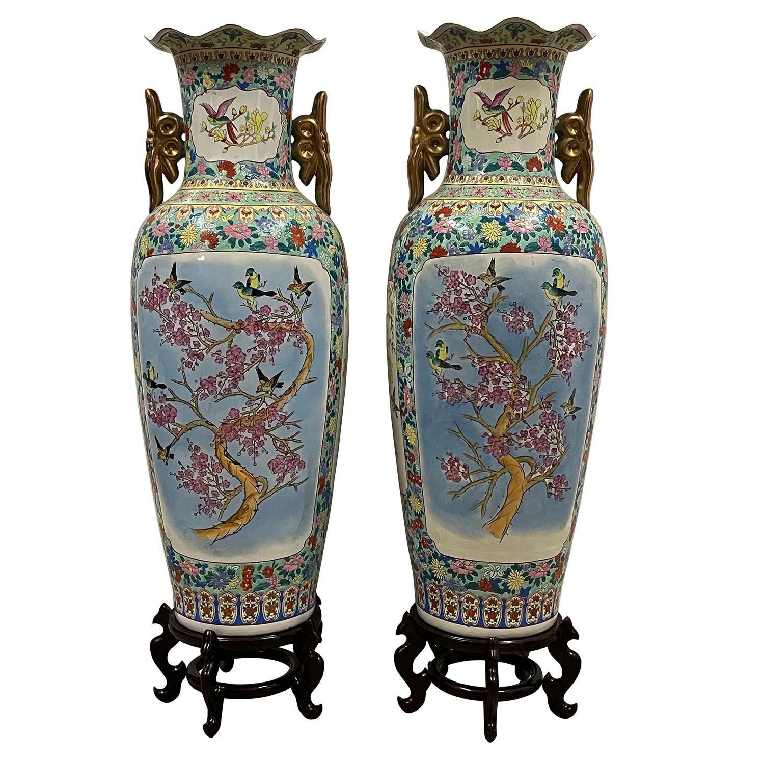 Painted Pair of Vintage Chinese Famille Rose Porcelain Floor Vases For Sale