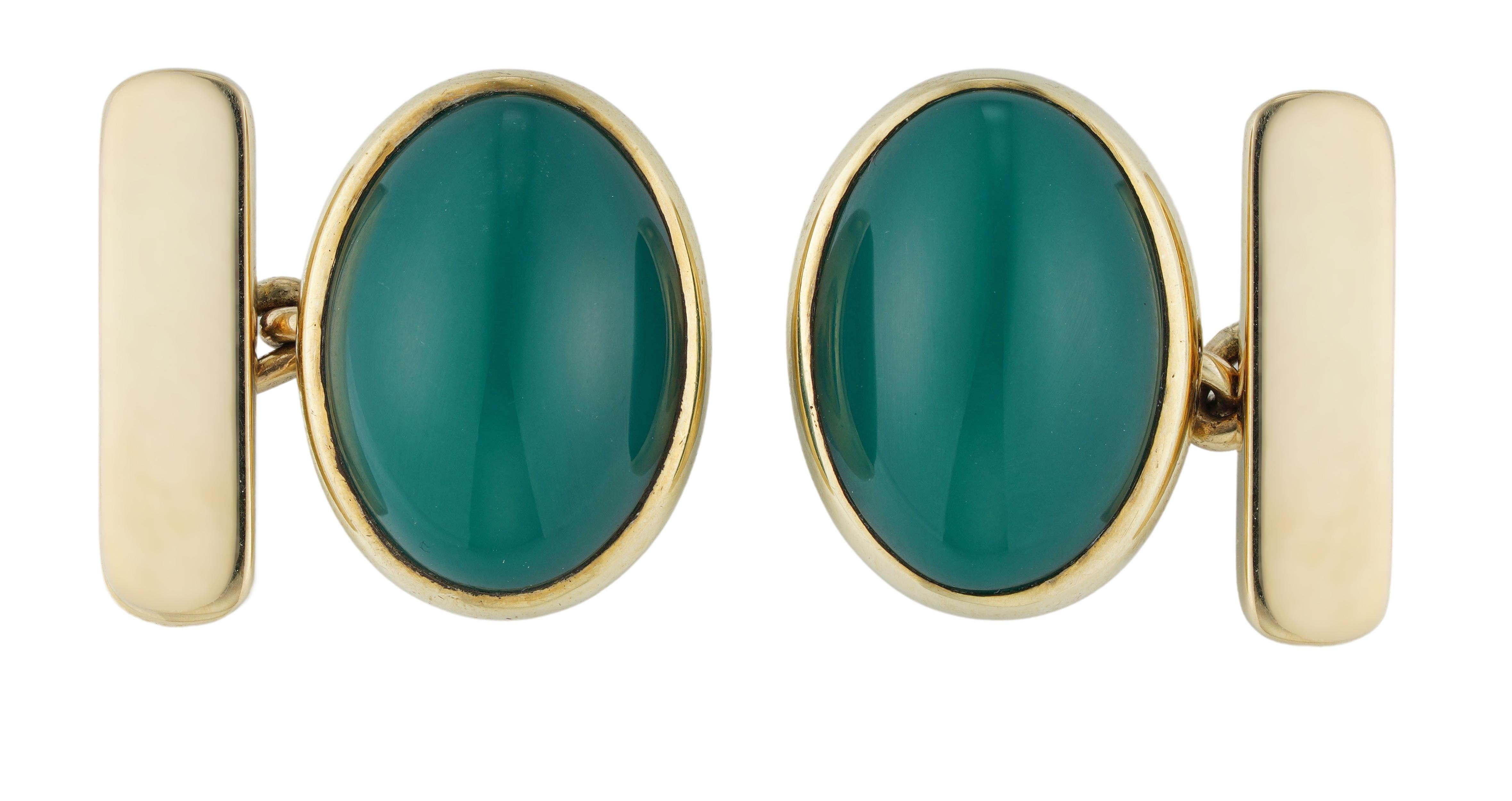 A pair of vintage chrysoprase and gold cufflinks, each cufflink with set with an oval cabochon-cut chrysoprase, rub-over set in gold to a chain link and bar fitting, hallmarked 9ct gold London 1979, measuring approximately 1.7 x 1.3cm, gross weight