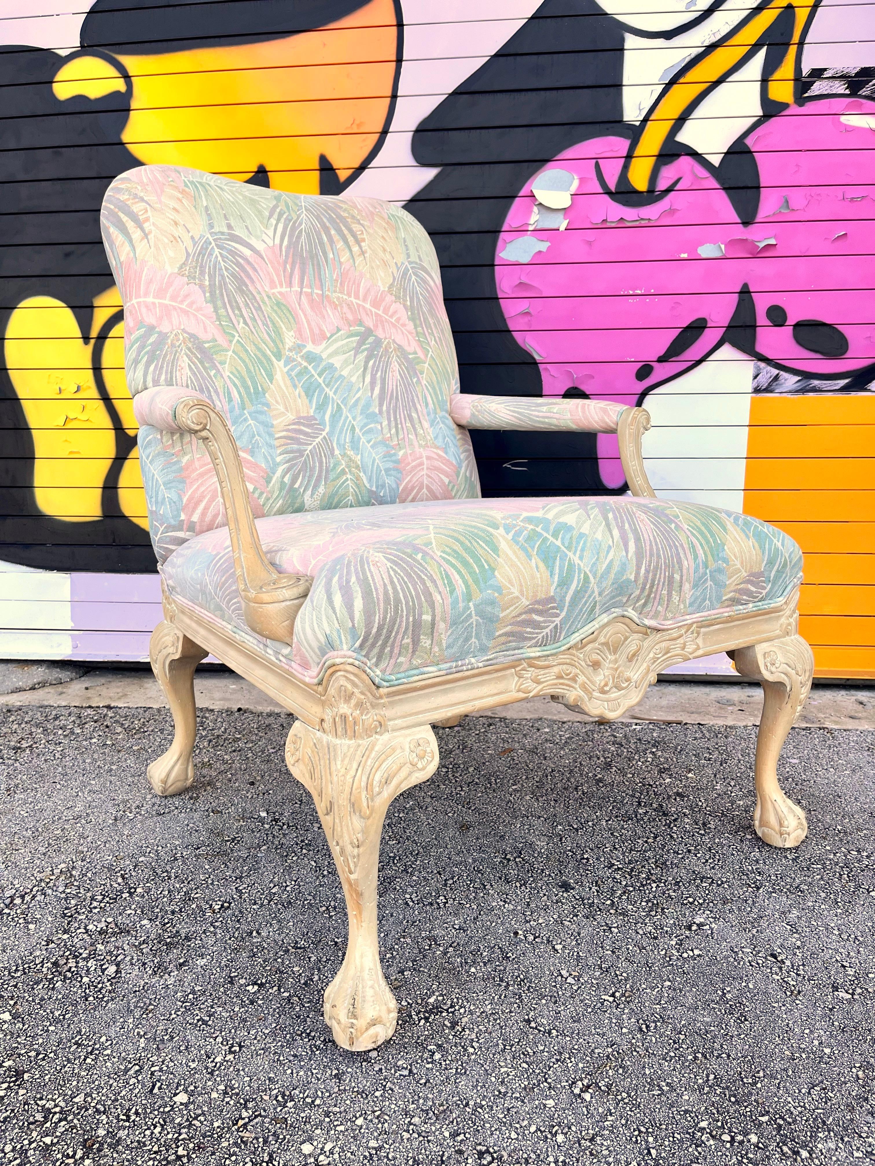 Tissu d'ameublement Paire de fauteuils Bergere vintage de style côtier par Sherrill Furniture. C 1980 en vente