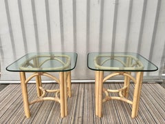 Pair of Vintage Coastal Style Rattan Glass-Top Side Tables, circa 1980s