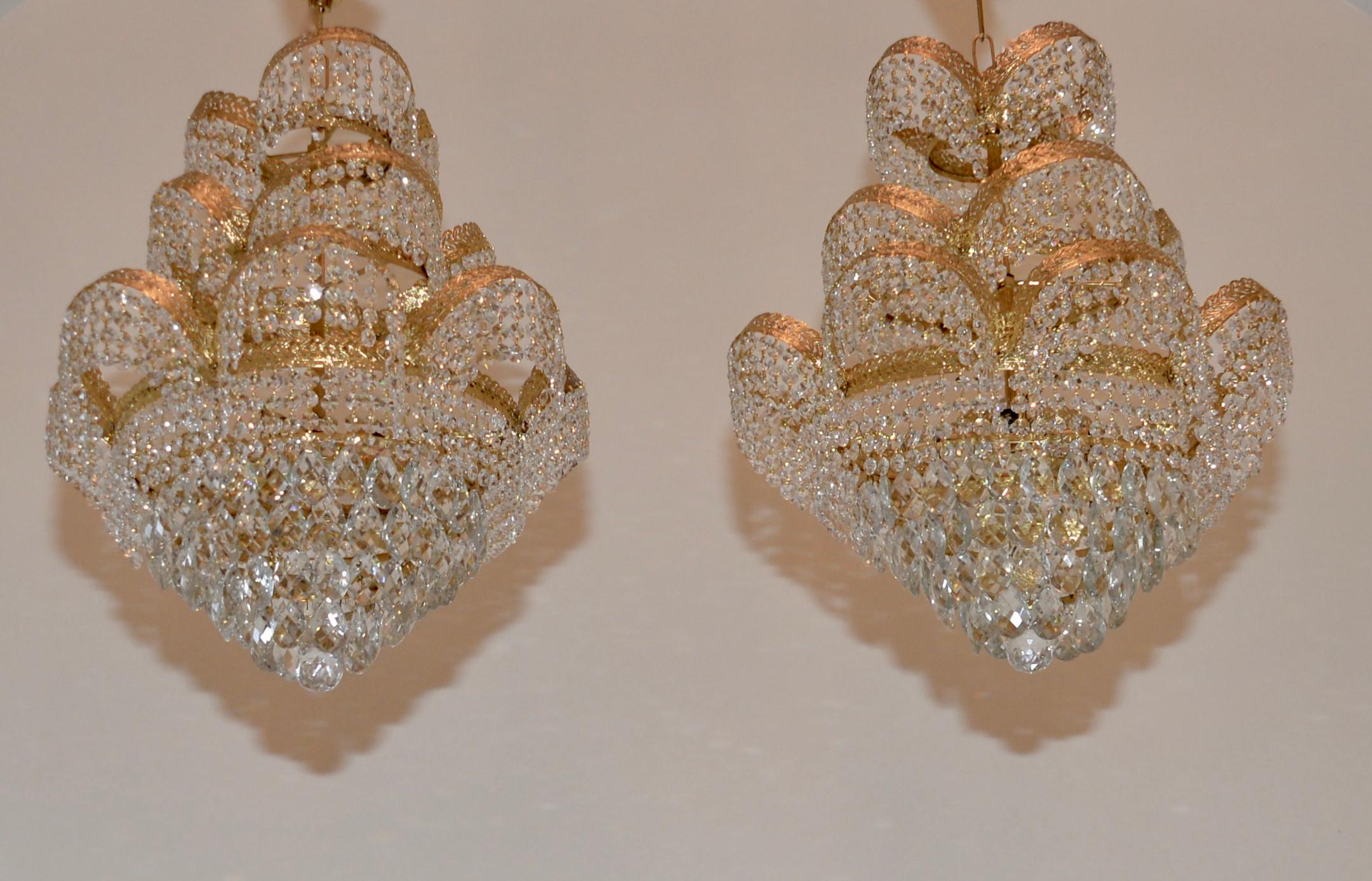 Gilt Pair of Vintage Crystal Chandeliers