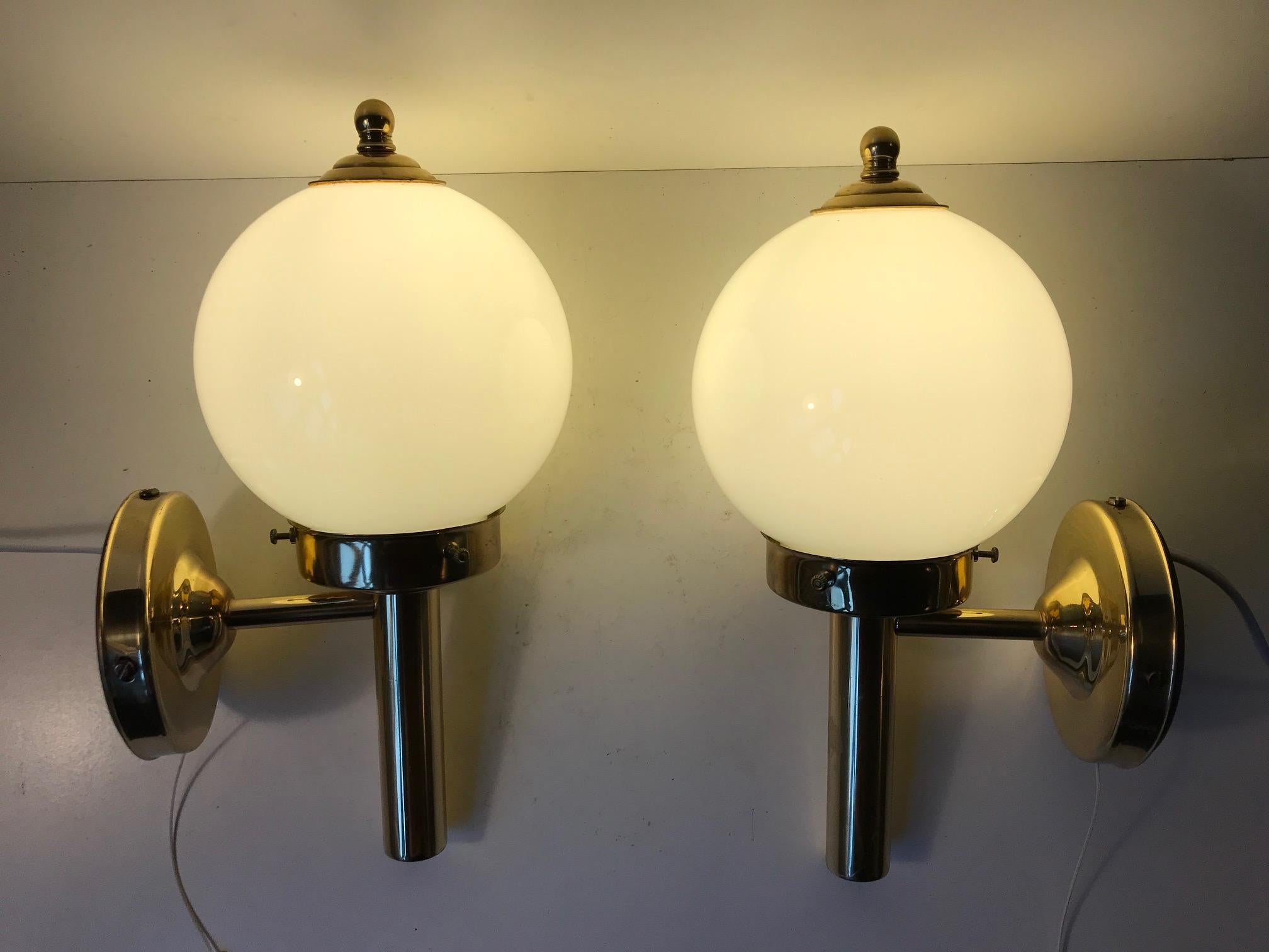 Late 20th Century Pair of Vintage Danish Brass and Glass Nautical Wall Lights from Abo Randers