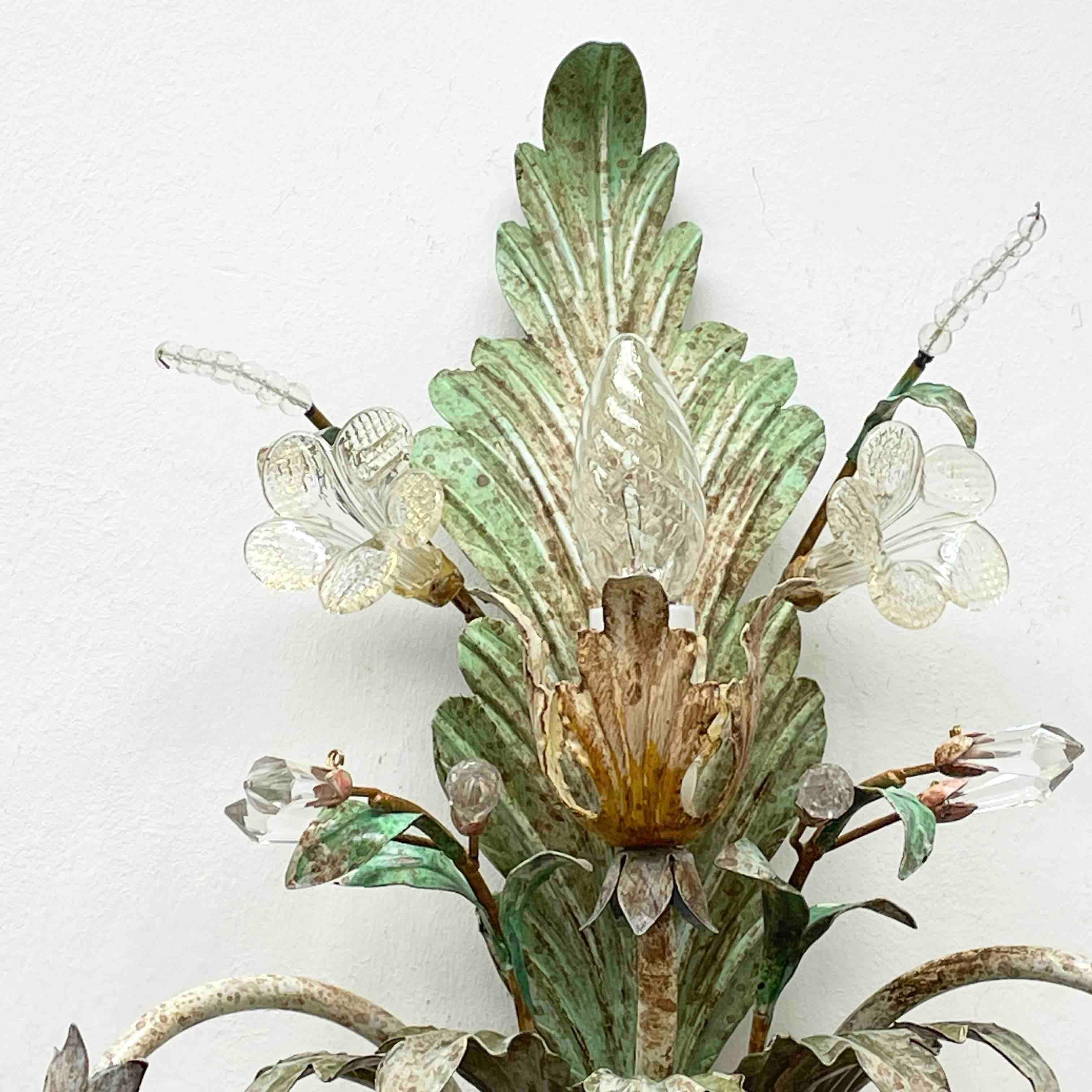 Metal Pair of Vintage Florentine Murano Glass Flower and Leaf Sconces Banci Firenze For Sale