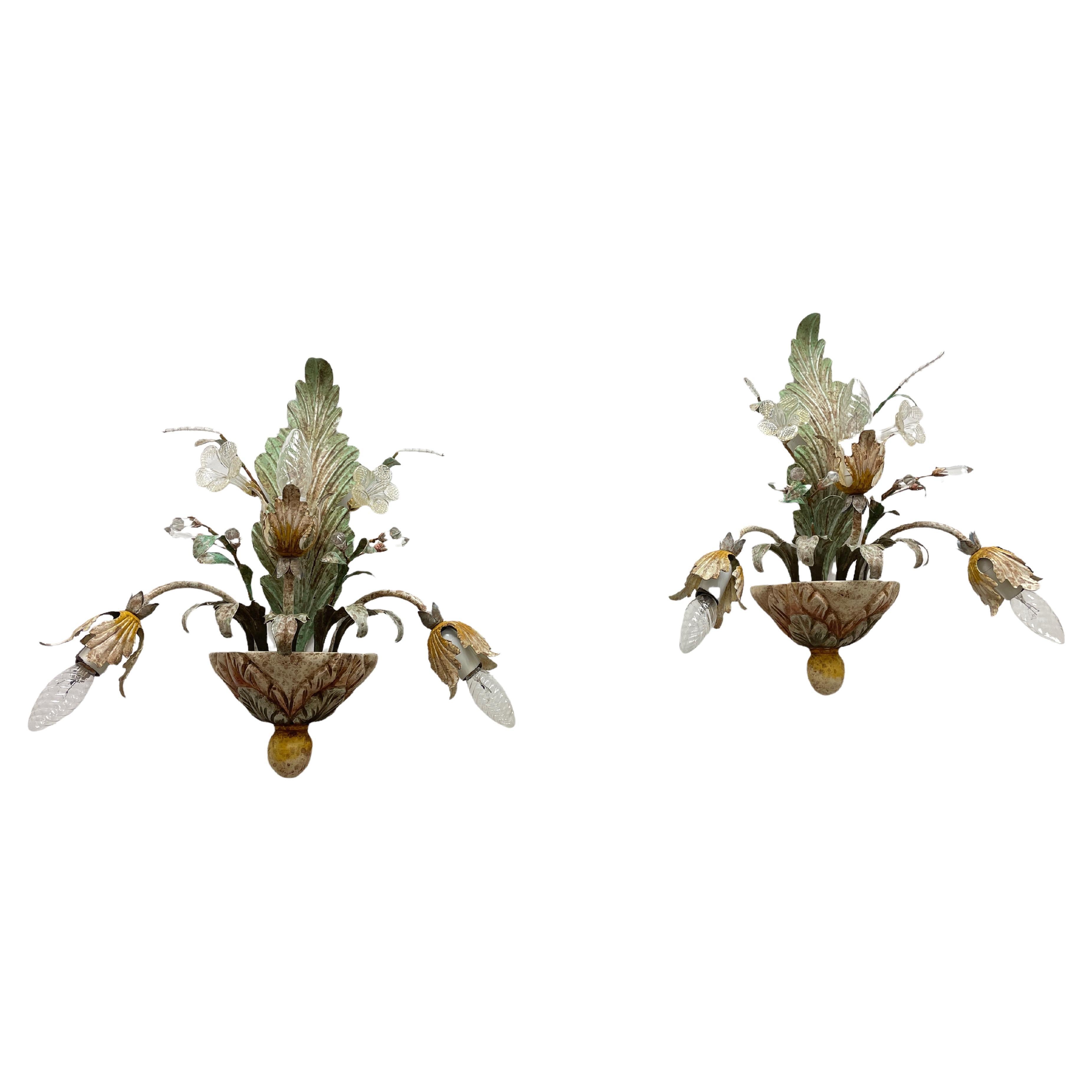 Pair of Vintage Florentine Murano Glass Flower and Leaf Sconces Banci Firenze For Sale