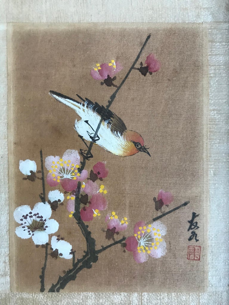 Pair of Vintage Framed Japanese Paintings of Birds on Silk at 1stDibs