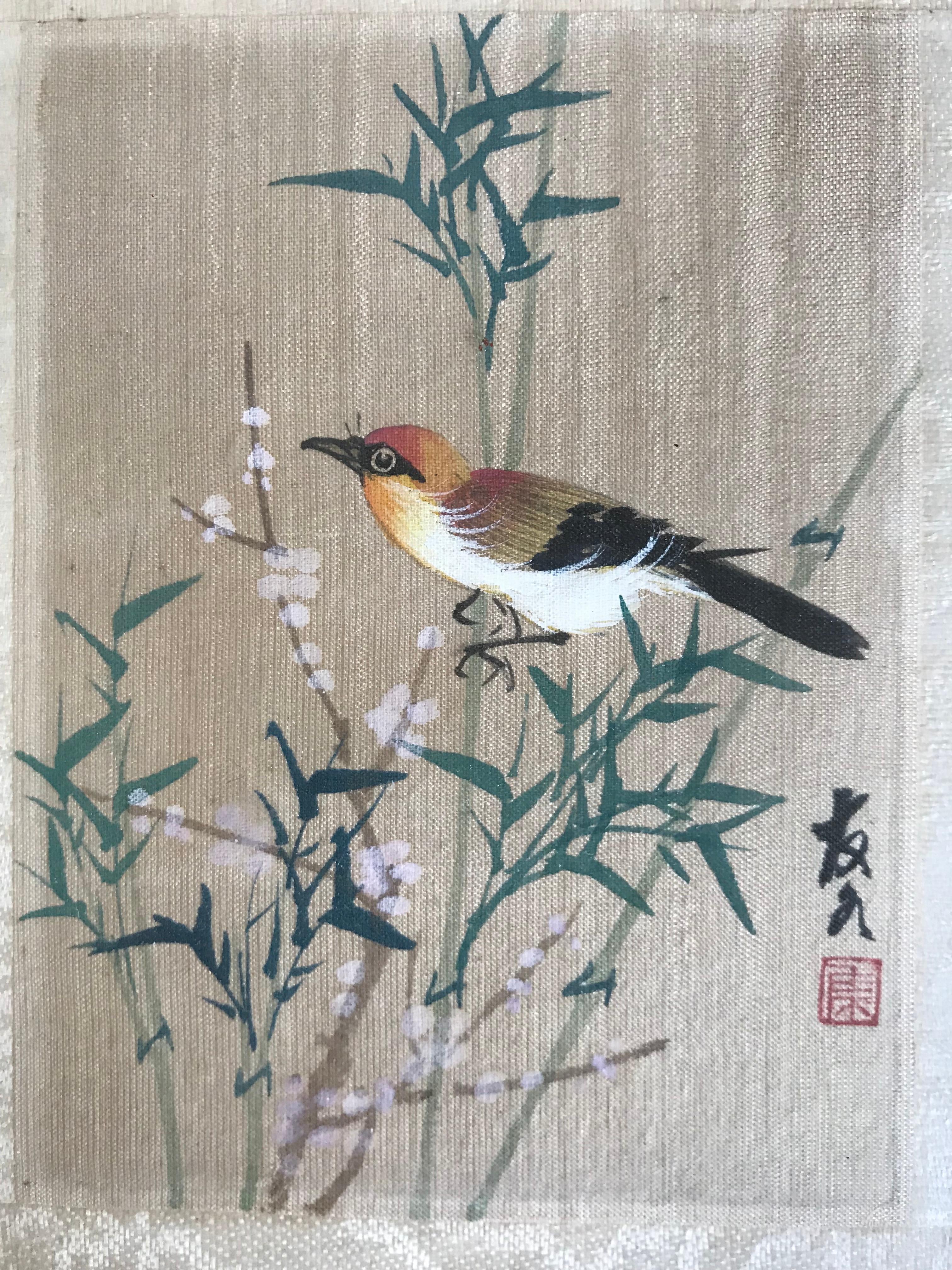 Hand-Painted Pair of Vintage Framed Japanese Paintings of Birds on Silk