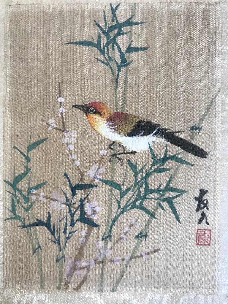 Pair of Vintage Framed Japanese Paintings of Birds on Silk at 1stDibs
