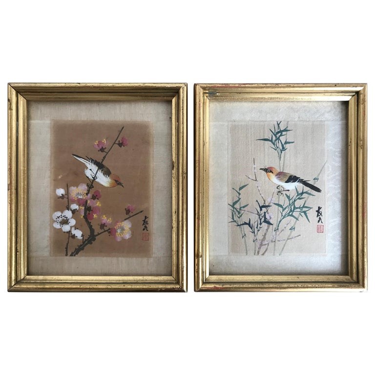 Pair of Vintage Framed Japanese Paintings of Birds on Silk