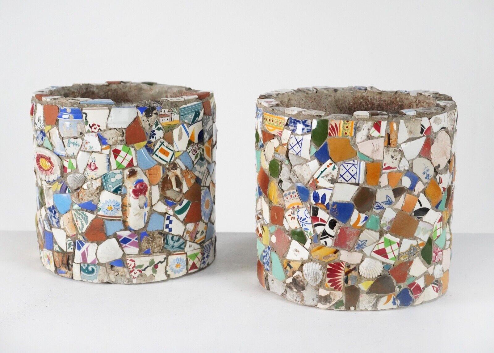 A Pair of Vintage French Pique Assiette Mosaic Folk Art Planters - Plant Pots In Good Condition In Dorchester, GB