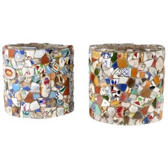 A Pair of Vintage French Pique Assiette Mosaic Folk Art Planters - Plant Pots