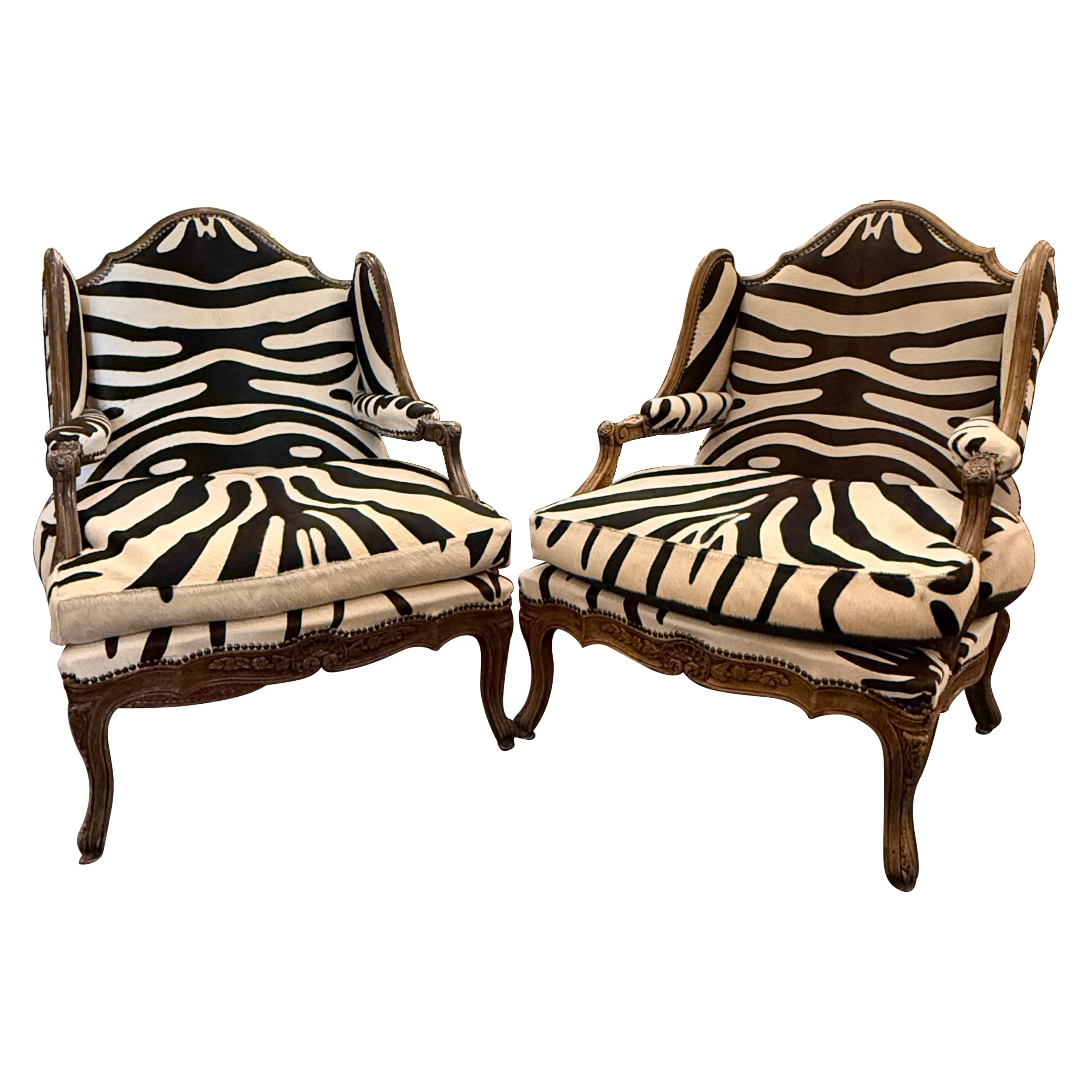 A Pair of Vintage French Style Solid Timber Wingback Chairs For Sale