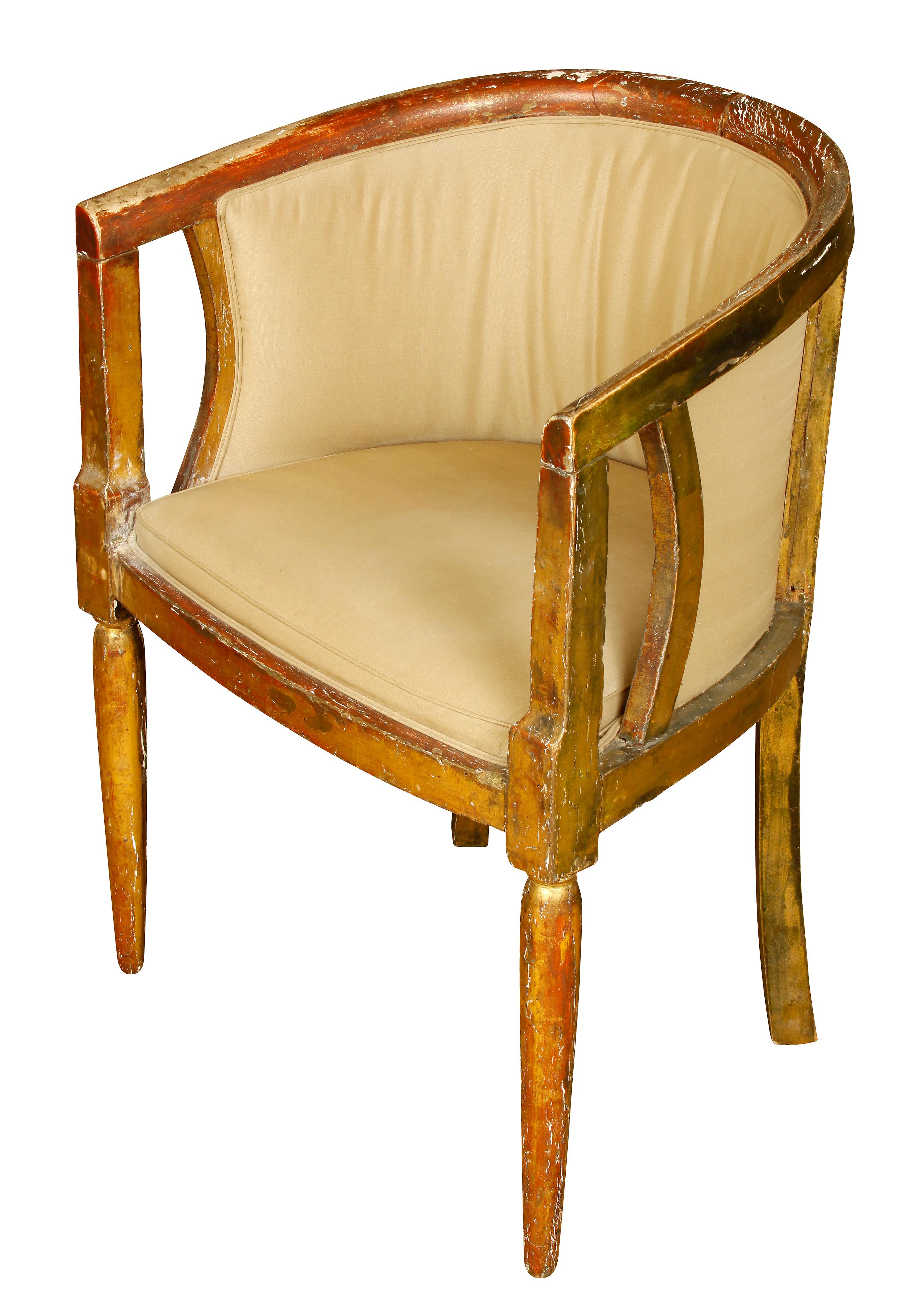 A pair of vintage giltwood 1940s giltwood chairs with linen fabric.