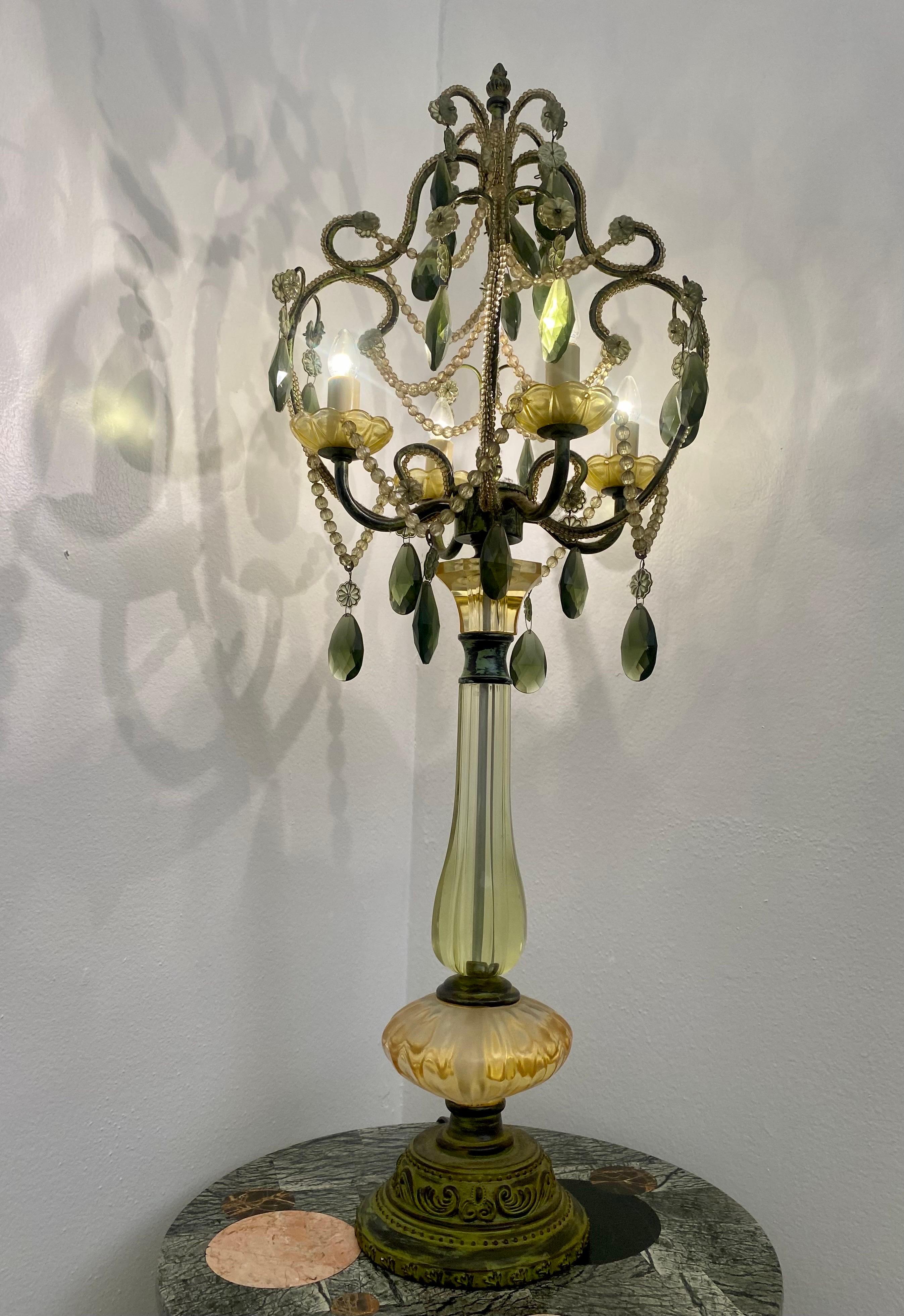 Pair of Vintage Green Glass Chandelier Table Lamps For Sale 1