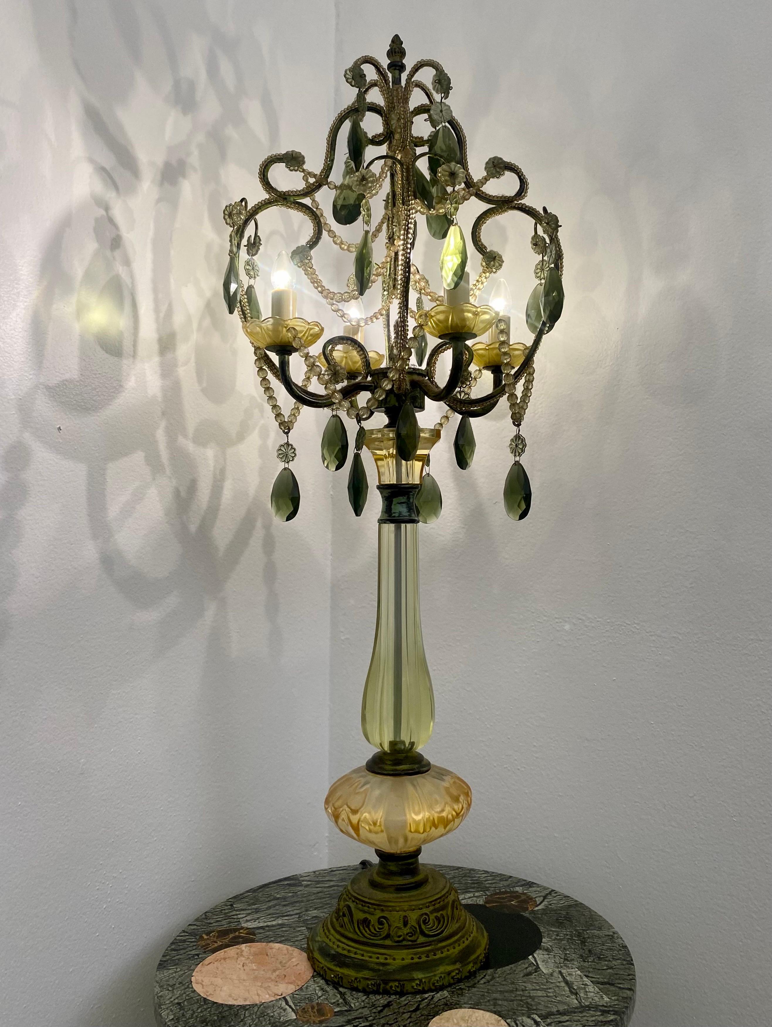 Pair of Vintage Green Glass Chandelier Table Lamps For Sale 2