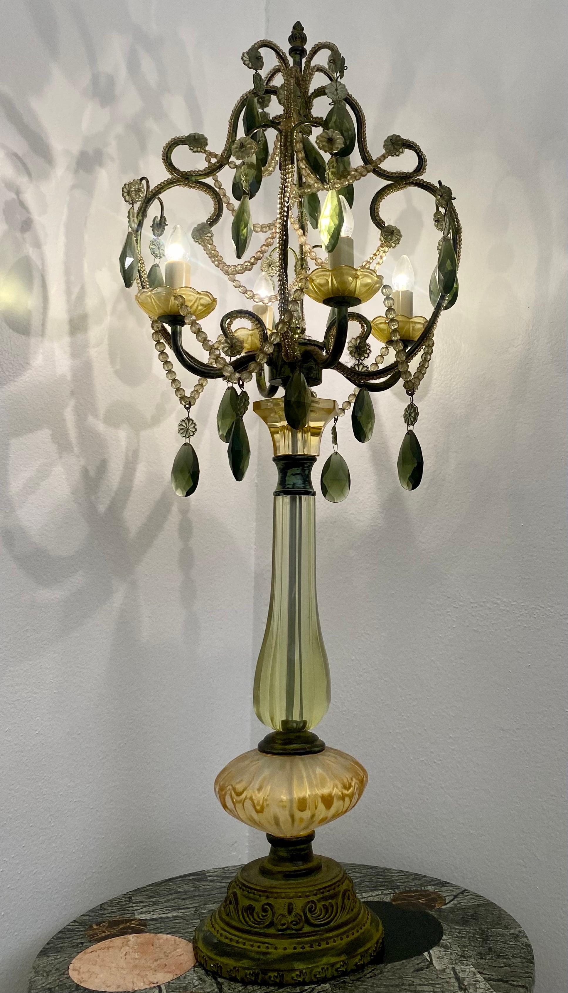 Pair of Vintage Green Glass Chandelier Table Lamps For Sale 3