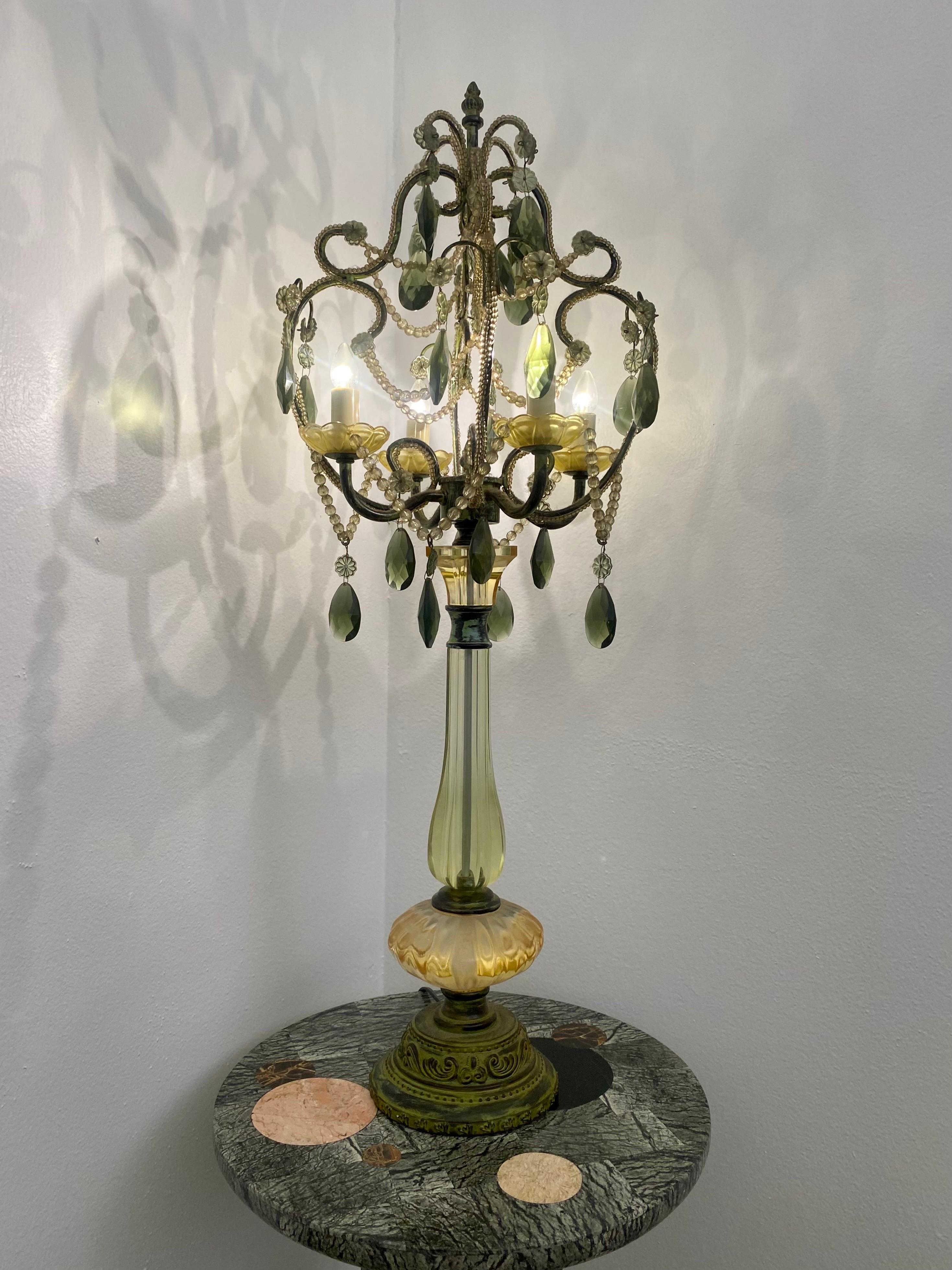 Pair of Vintage Green Glass Chandelier Table Lamps For Sale 4