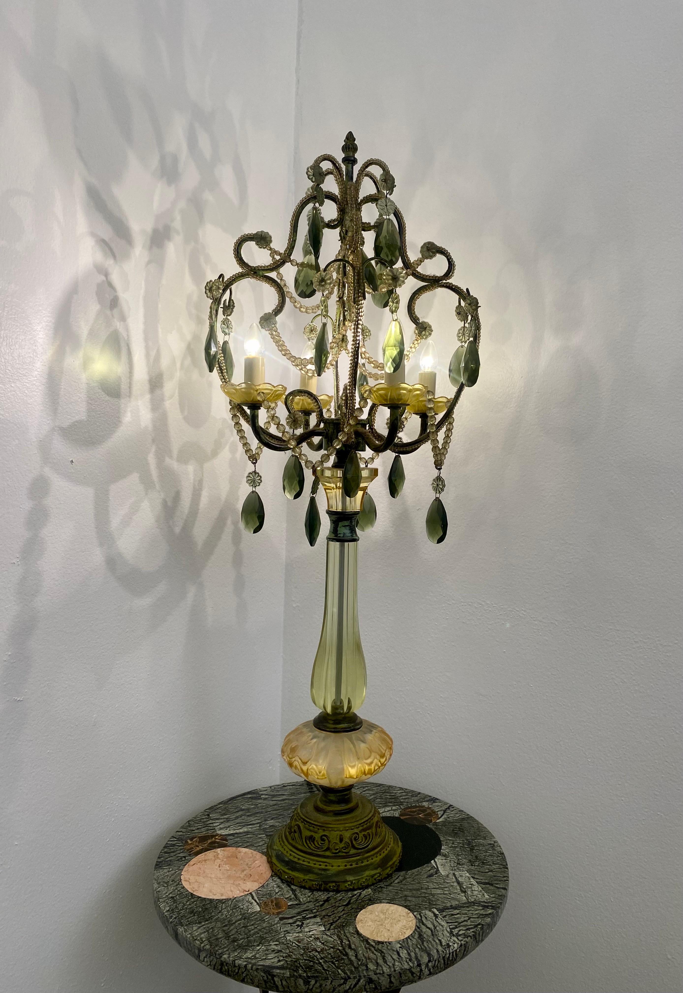 Pair of Vintage Green Glass Chandelier Table Lamps For Sale 5
