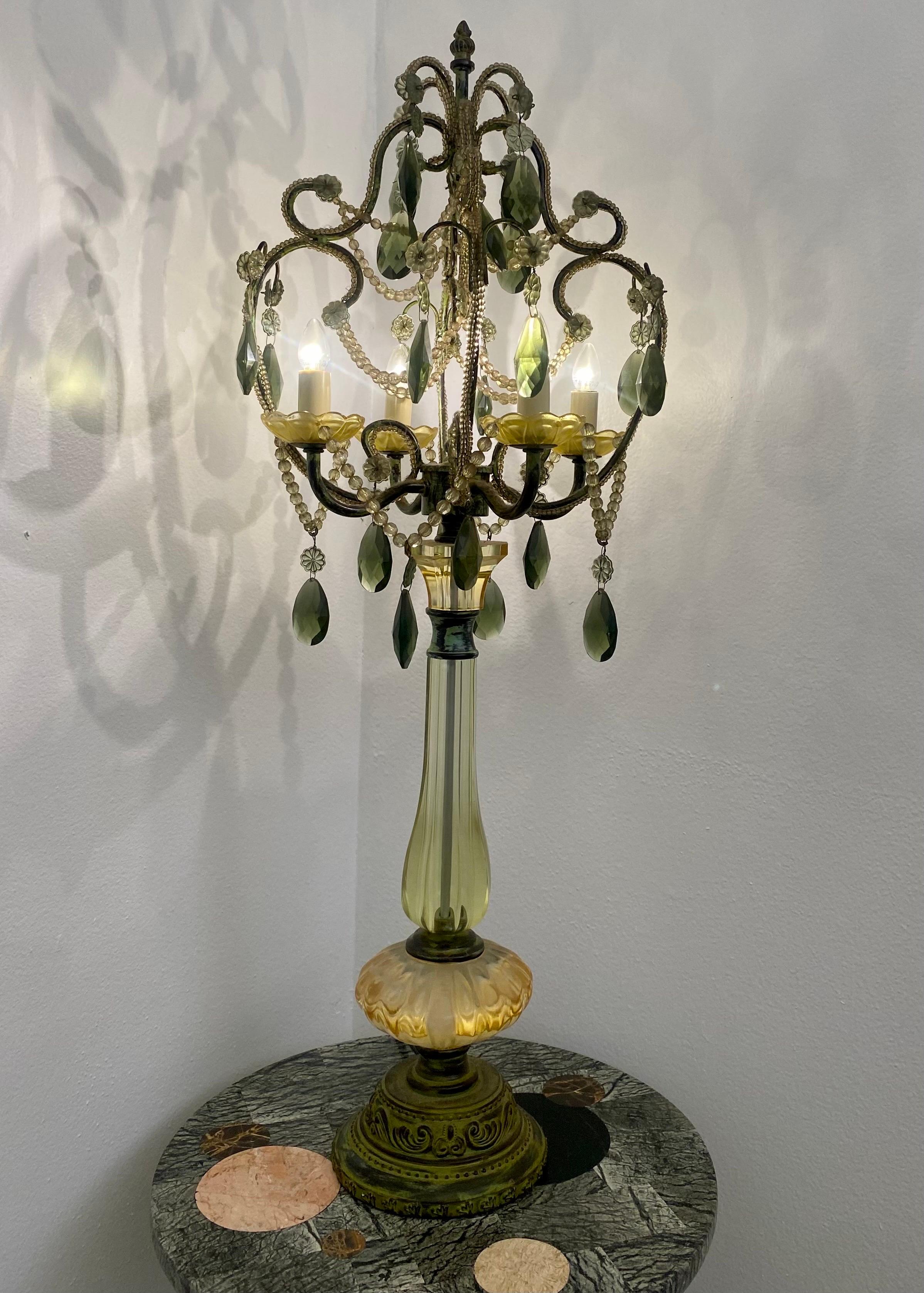 Pair of Vintage Green Glass Chandelier Table Lamps For Sale 6