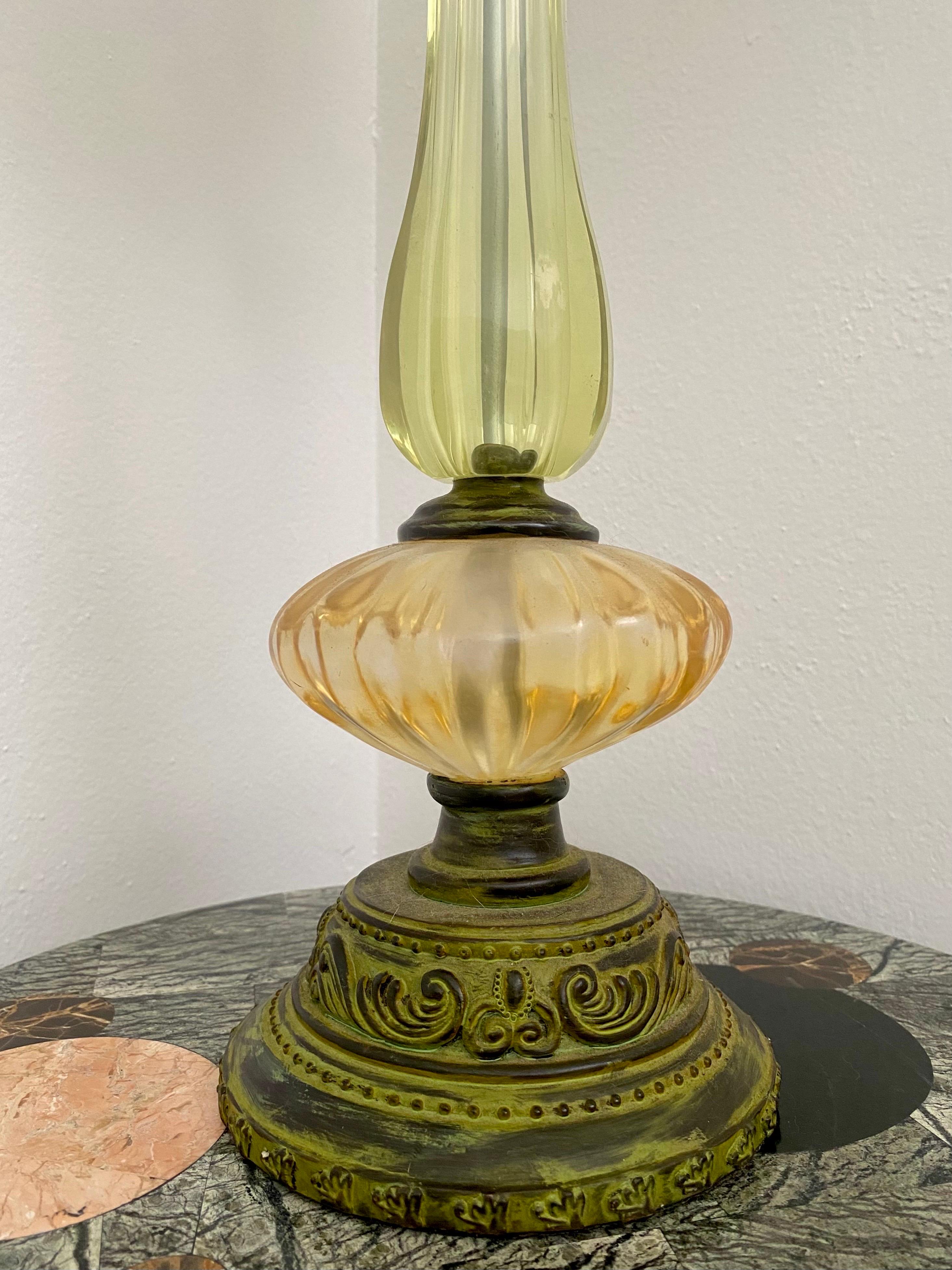 Pair of chandelier table lamps feature green glass and green cut crystals. Perfect for your Hollywood Regency decor.