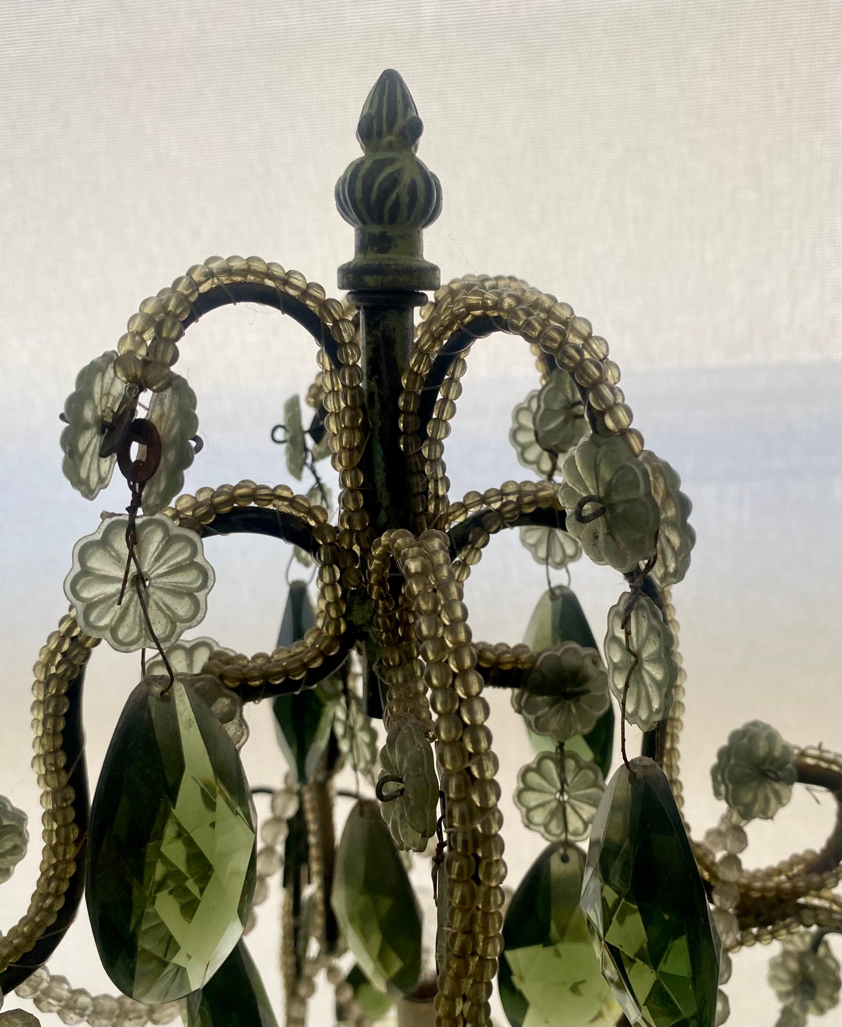 Pair of Vintage Green Glass Chandelier Table Lamps In Good Condition For Sale In Miami, FL
