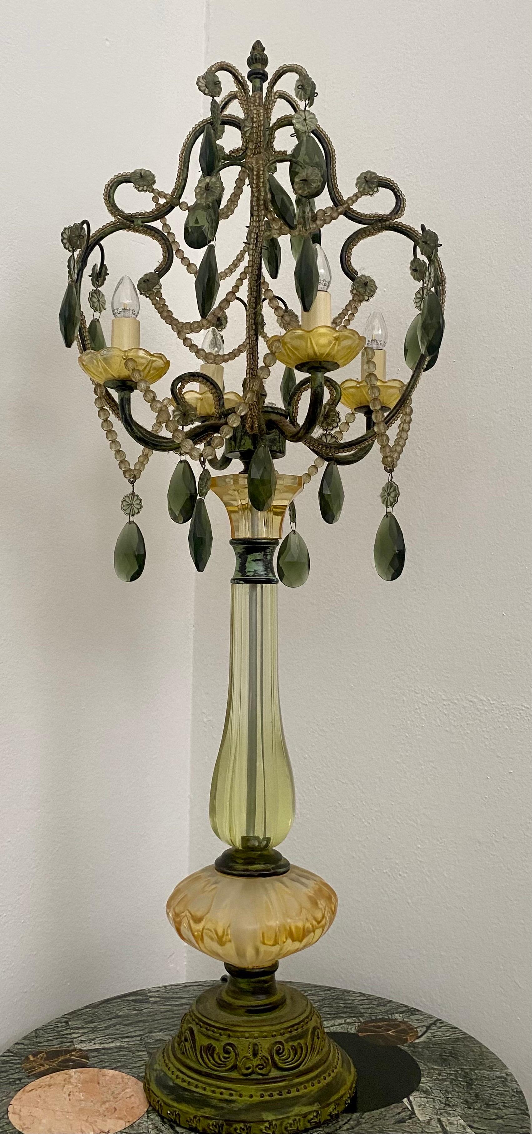 20th Century Pair of Vintage Green Glass Chandelier Table Lamps For Sale