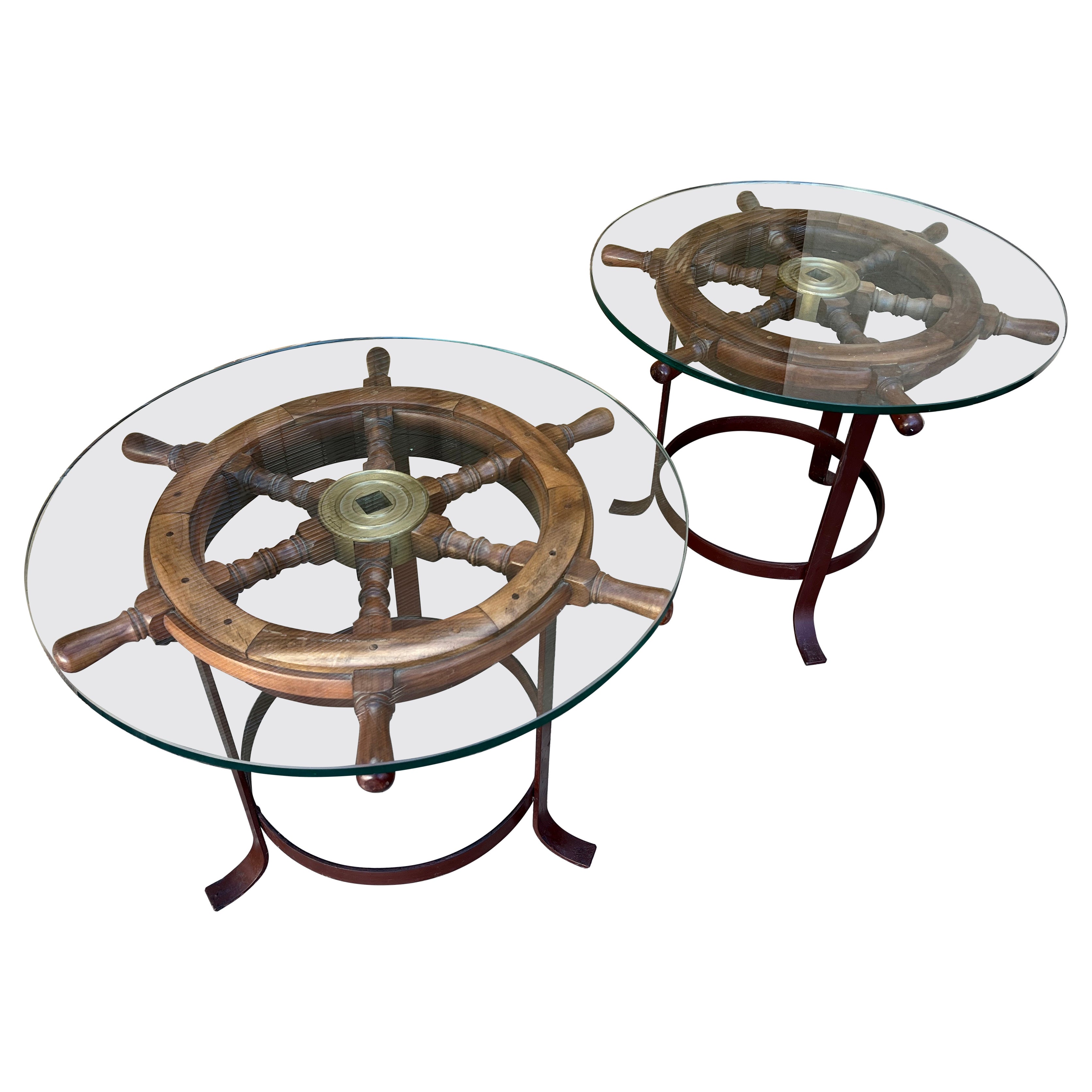 A pair of Vintage Handcrafted Ship's Wheel Glass Top Side Tables. Circa 1970s For Sale