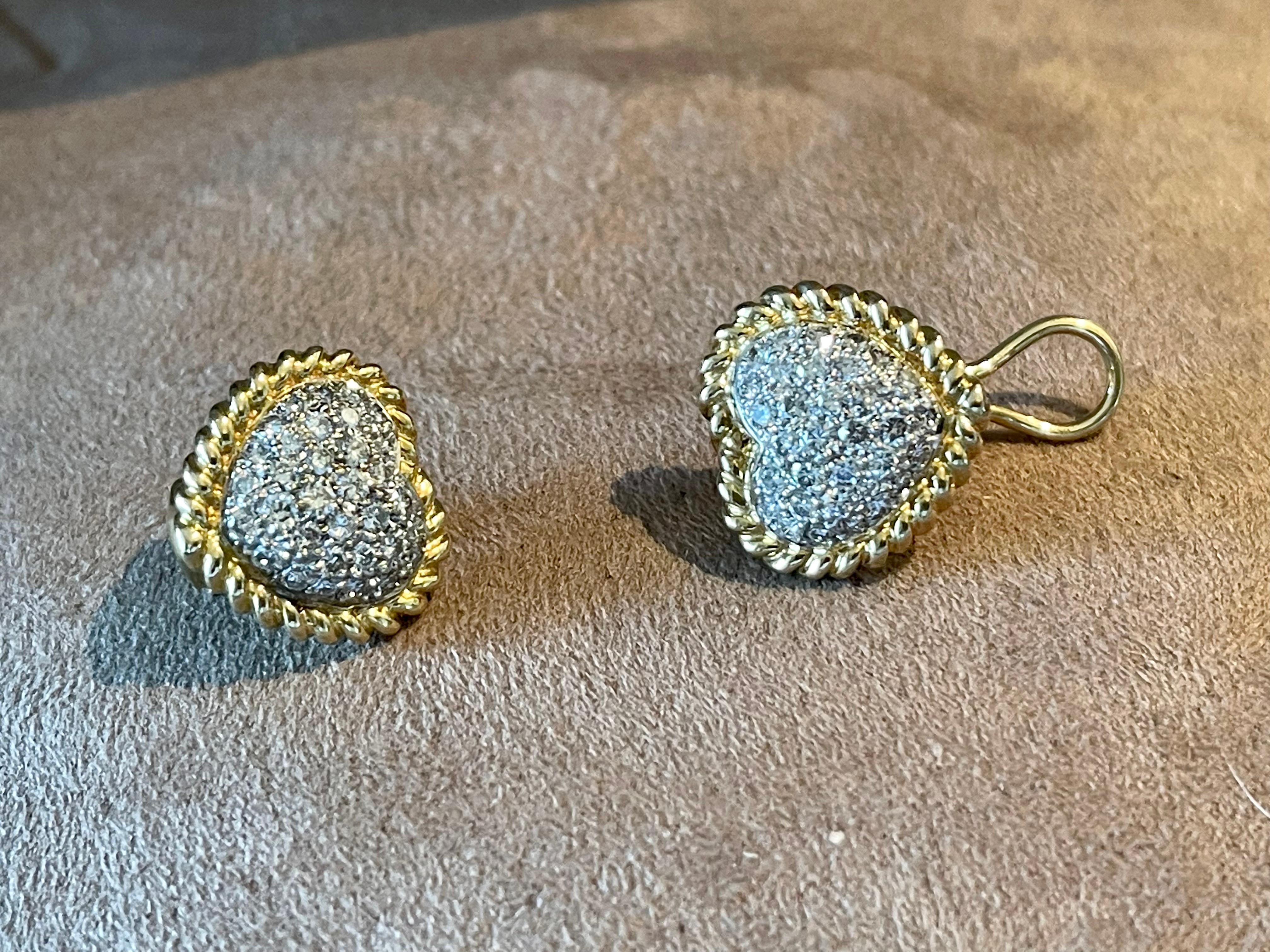 Brilliant Cut Pair of Vintage Heart Shaped 18 K Yellow and White Gold Diamond Earclips For Sale