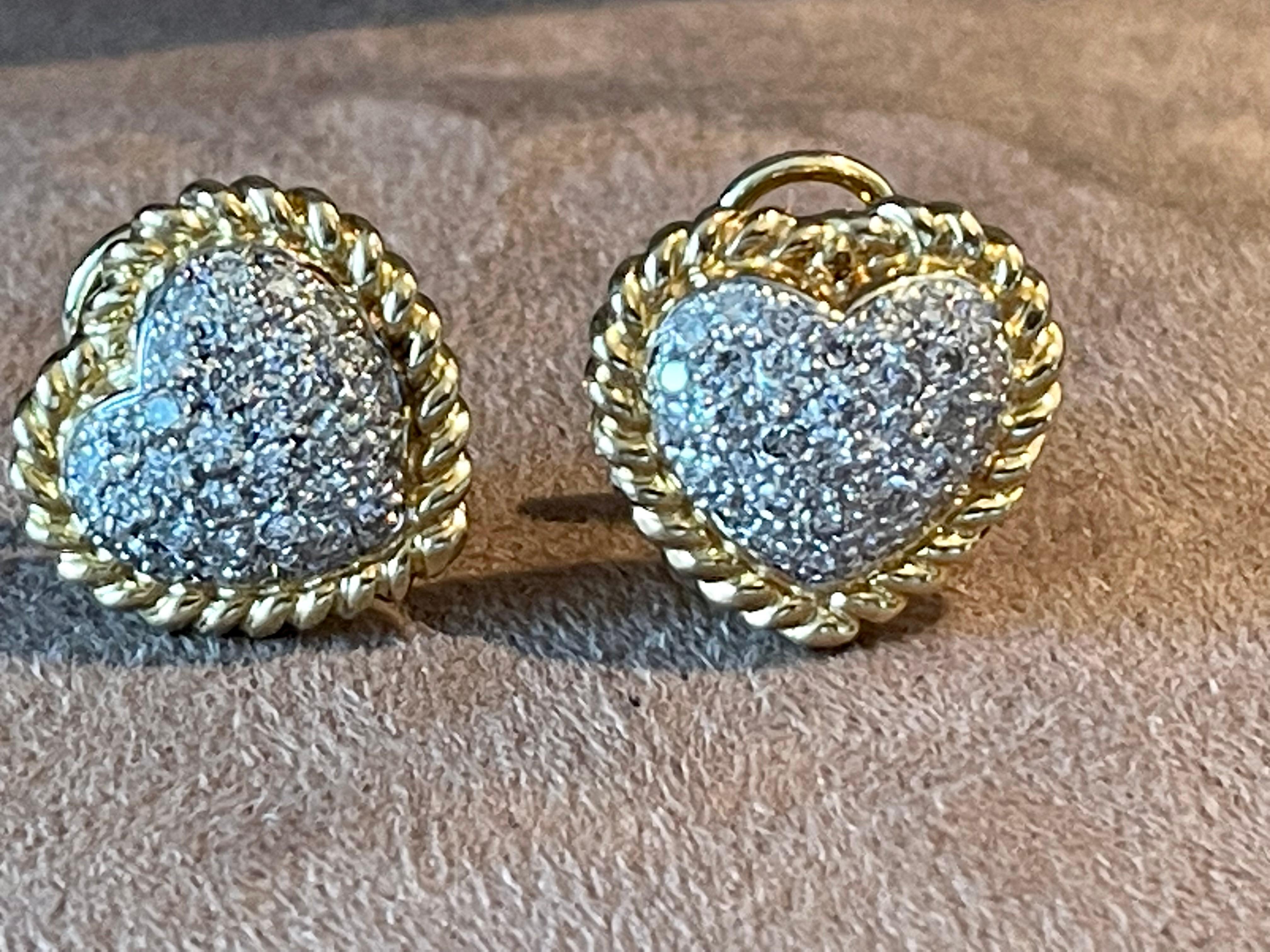 Women's Pair of Vintage Heart Shaped 18 K Yellow and White Gold Diamond Earclips For Sale