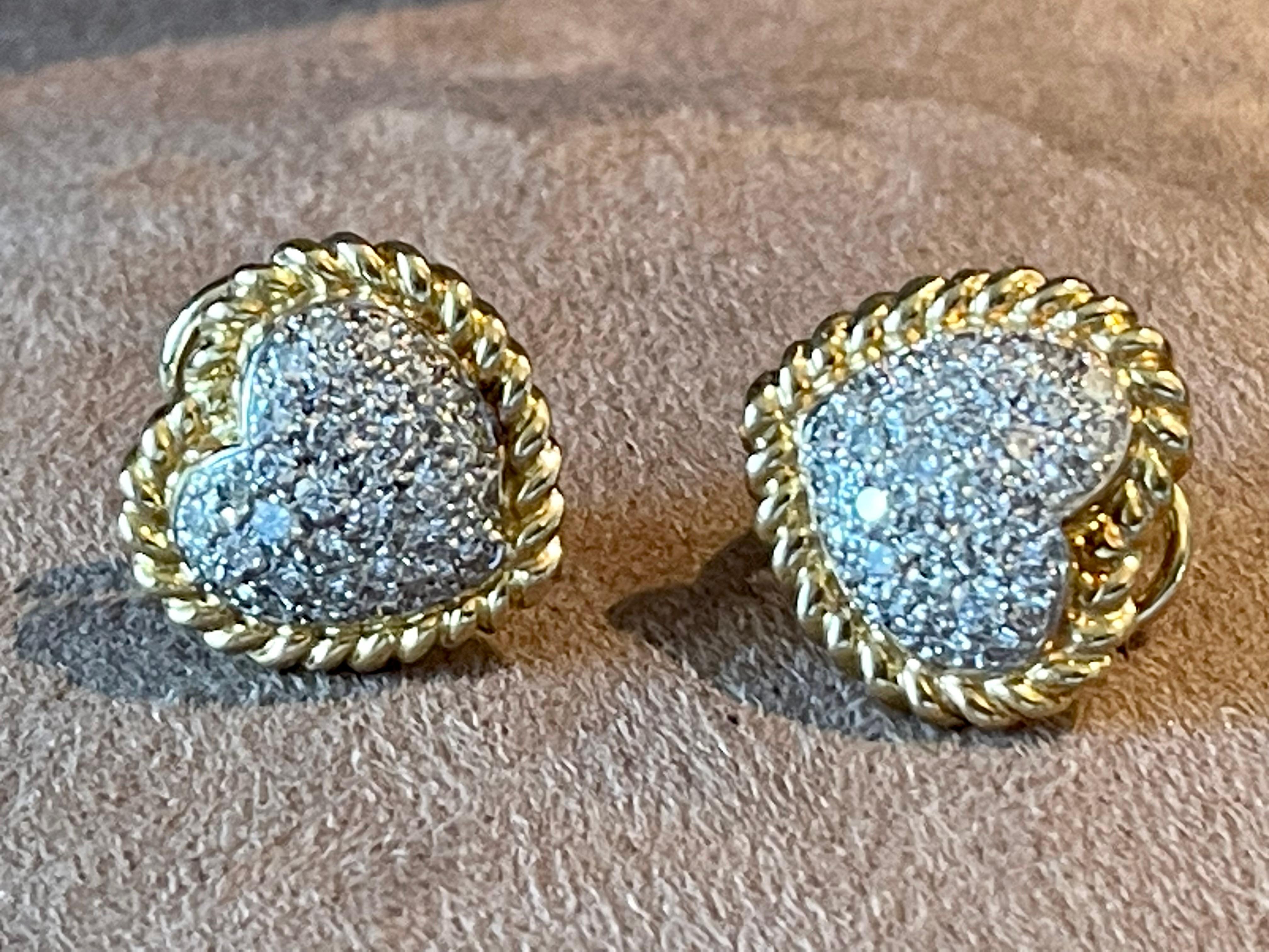 Pair of Vintage Heart Shaped 18 K Yellow and White Gold Diamond Earclips For Sale 1