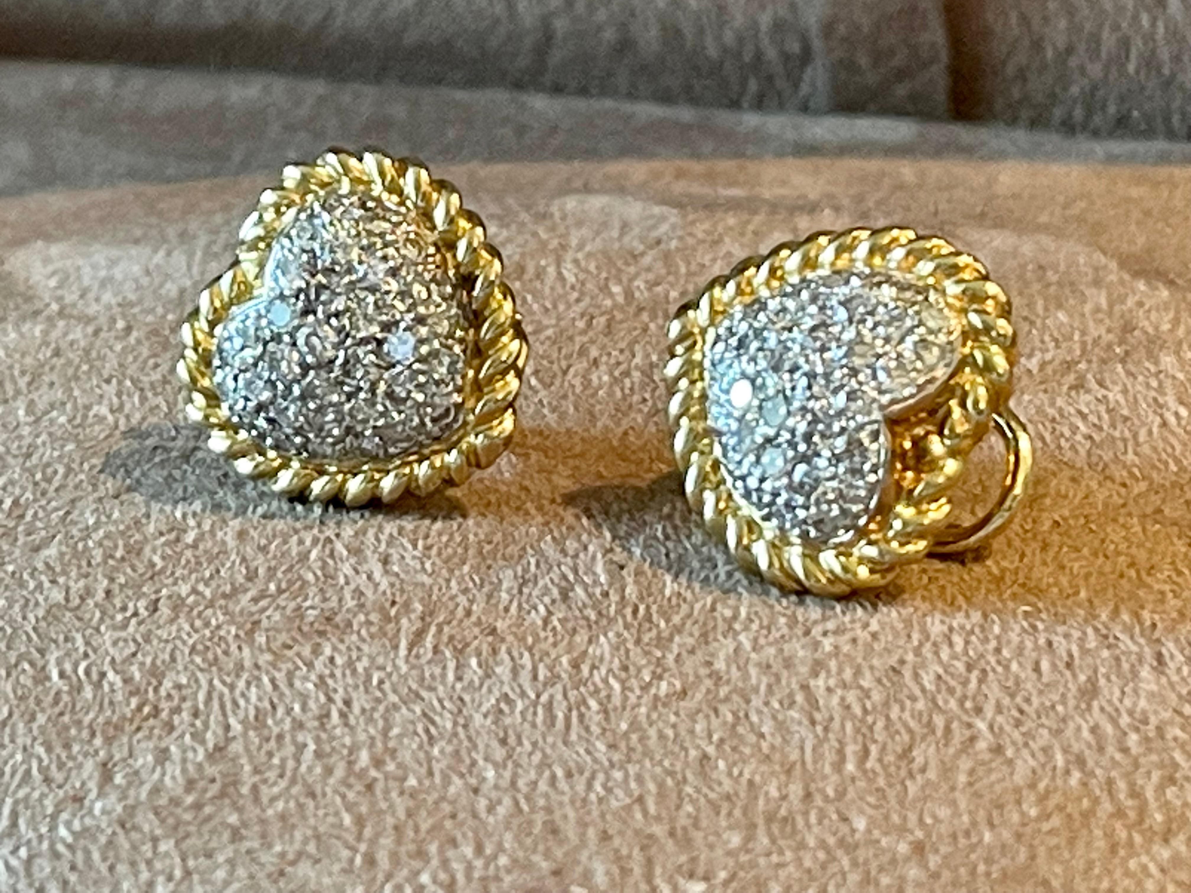 Pair of Vintage Heart Shaped 18 K Yellow and White Gold Diamond Earclips For Sale 3
