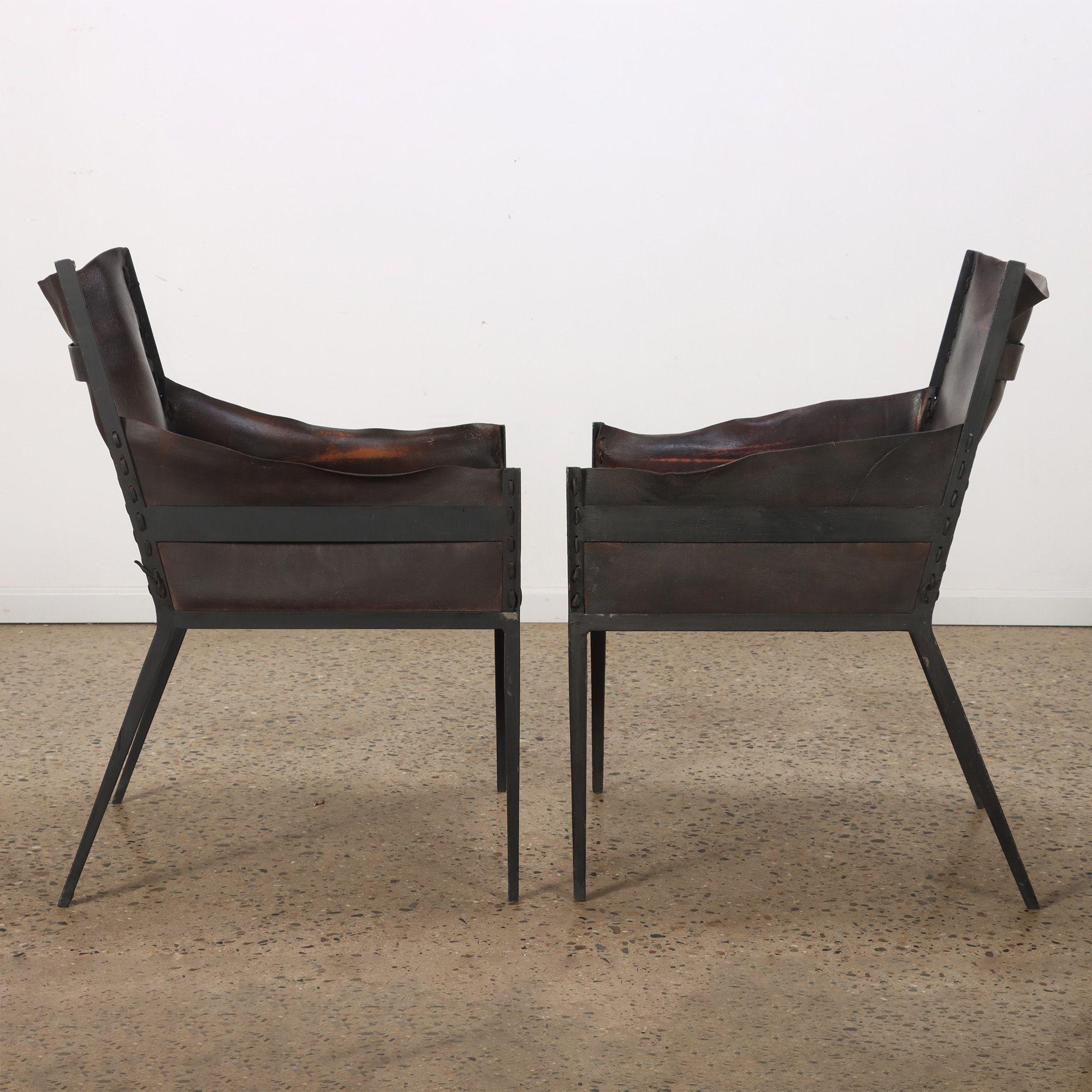Mid-Century Modern Pair of Vintage Iron and Leather Armchairs, Contemporary For Sale